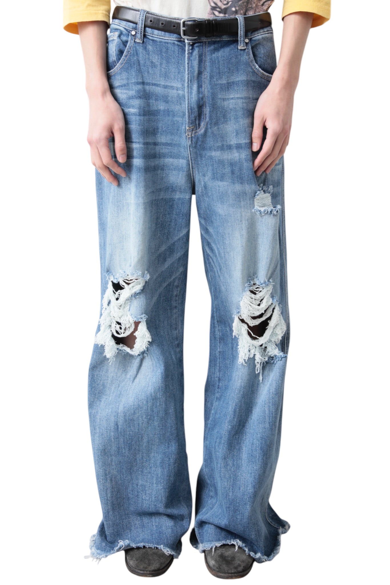 CRUSHED BLUE BAGGY DENIM PANTS