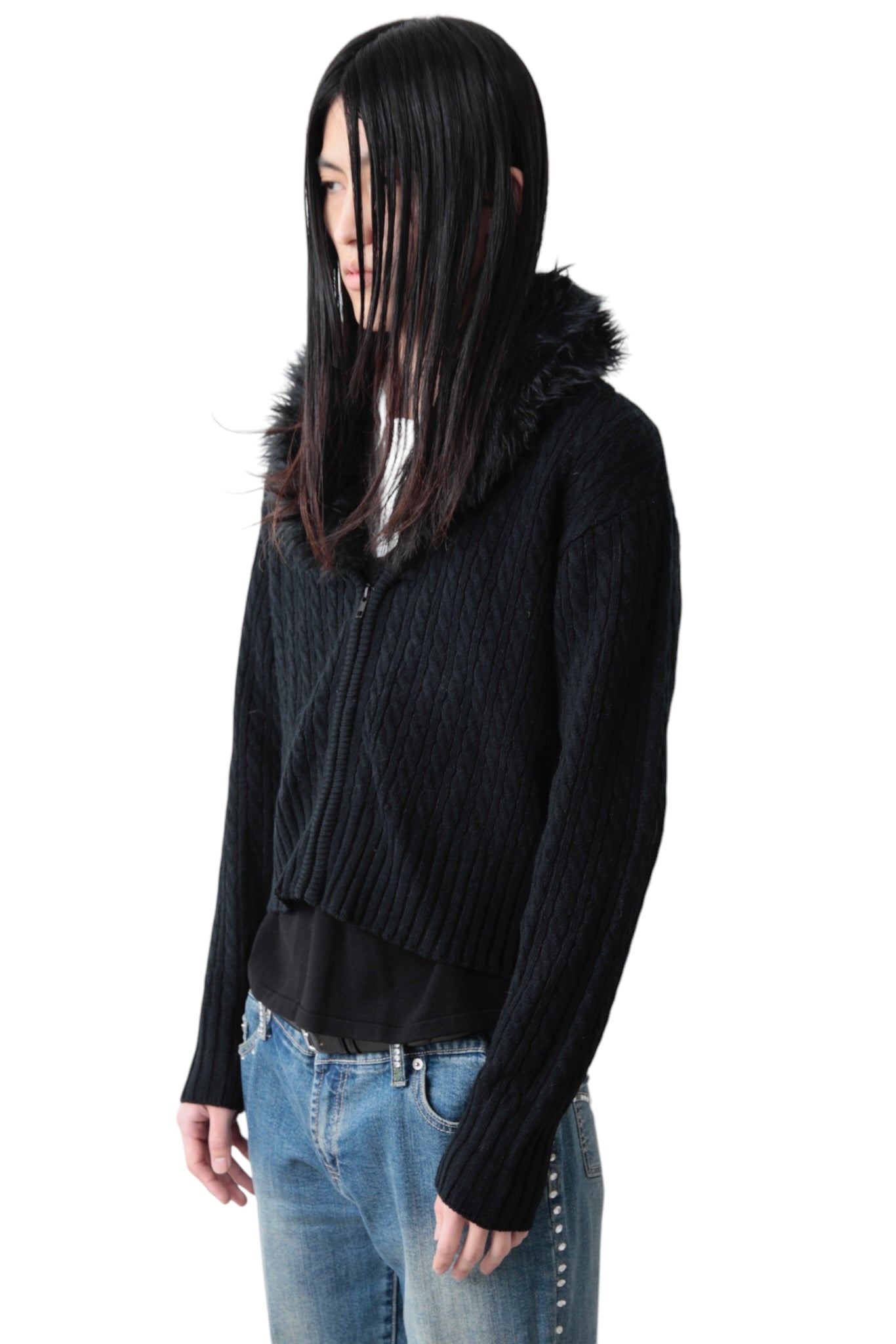 CROPPED ZIP UP FUR KNIT BLOUSON