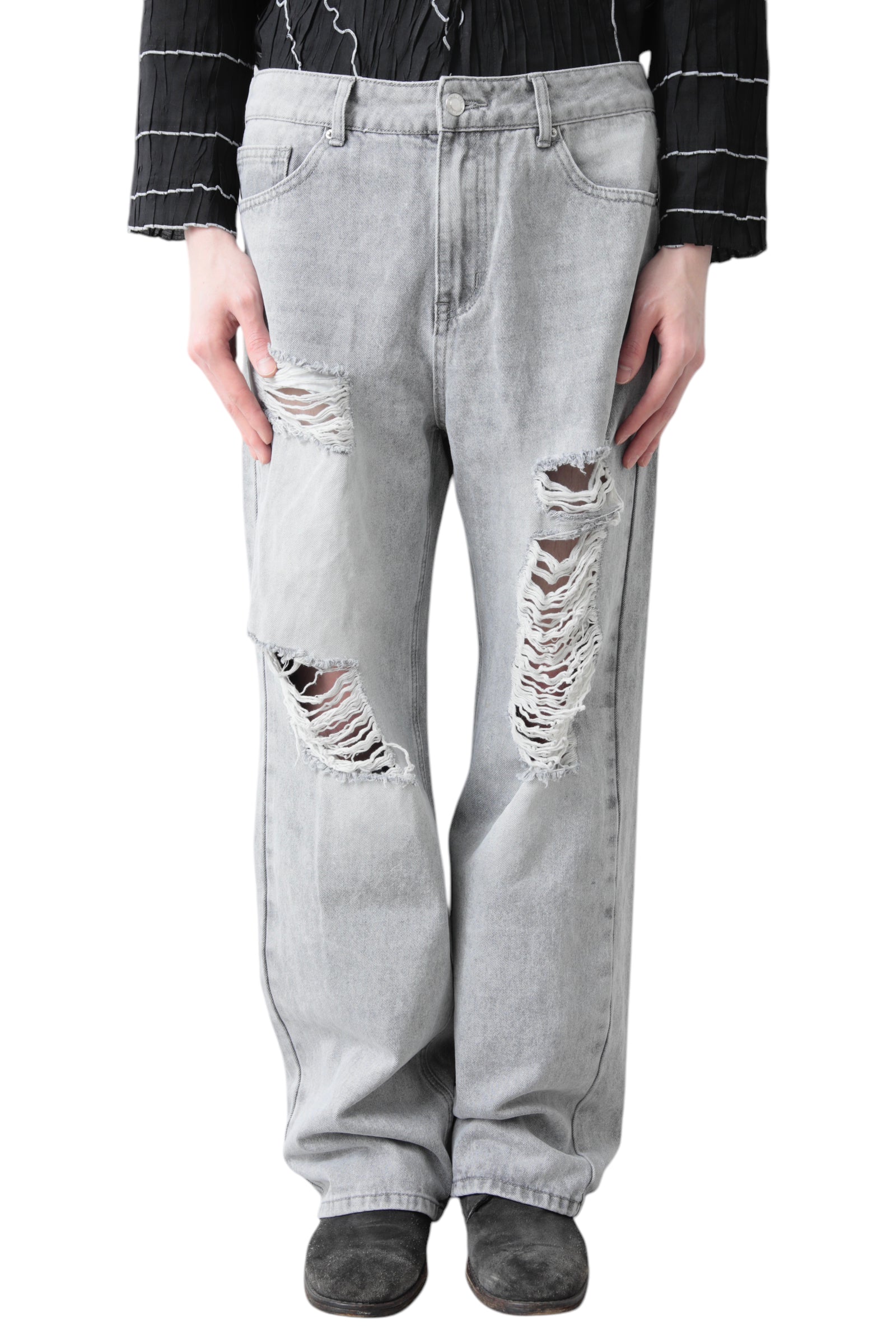 CRUSHED WASHED BAGGY DENIM PANTS