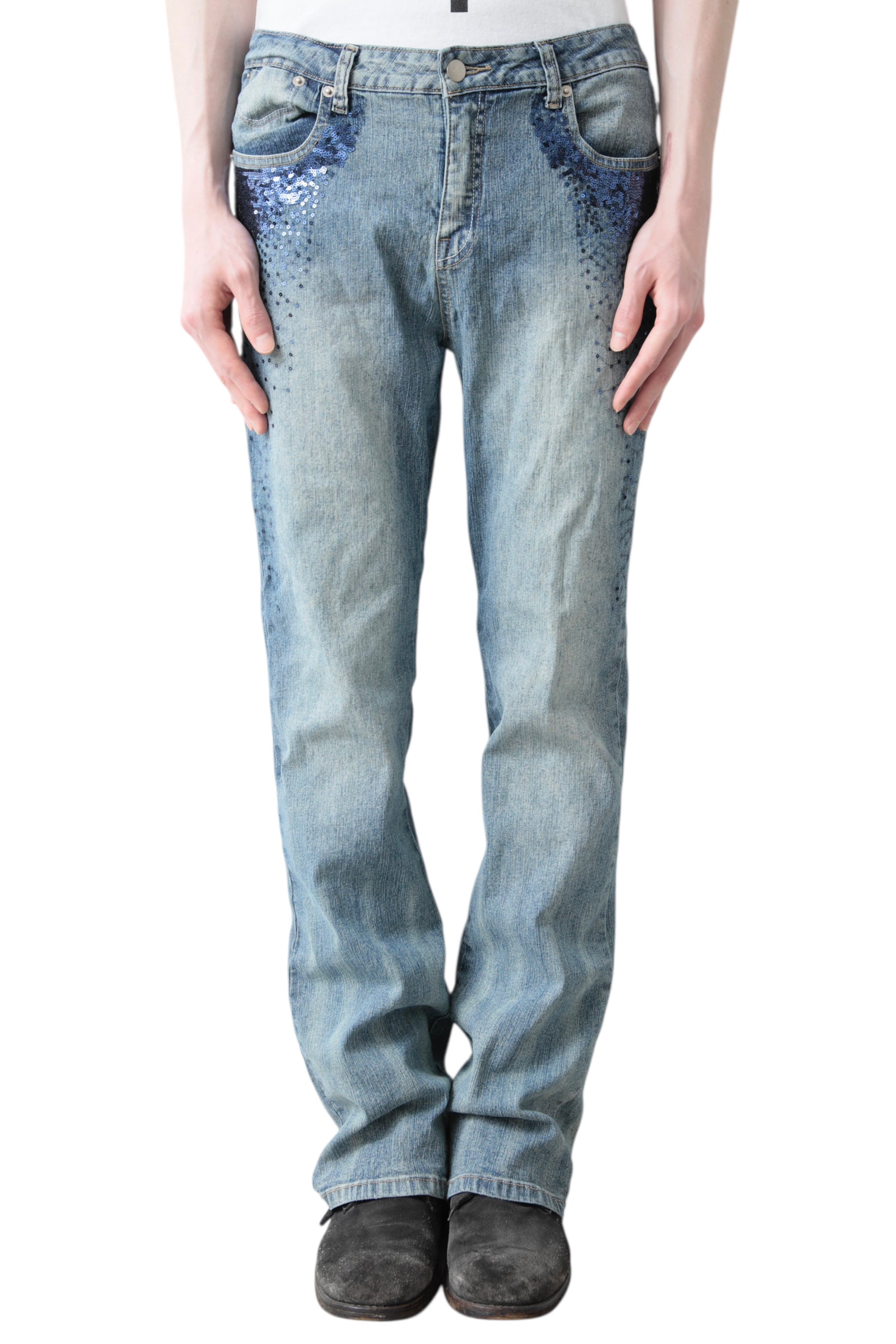 SCATTERED SEQUINS STRAIGHT DENIM PANTS