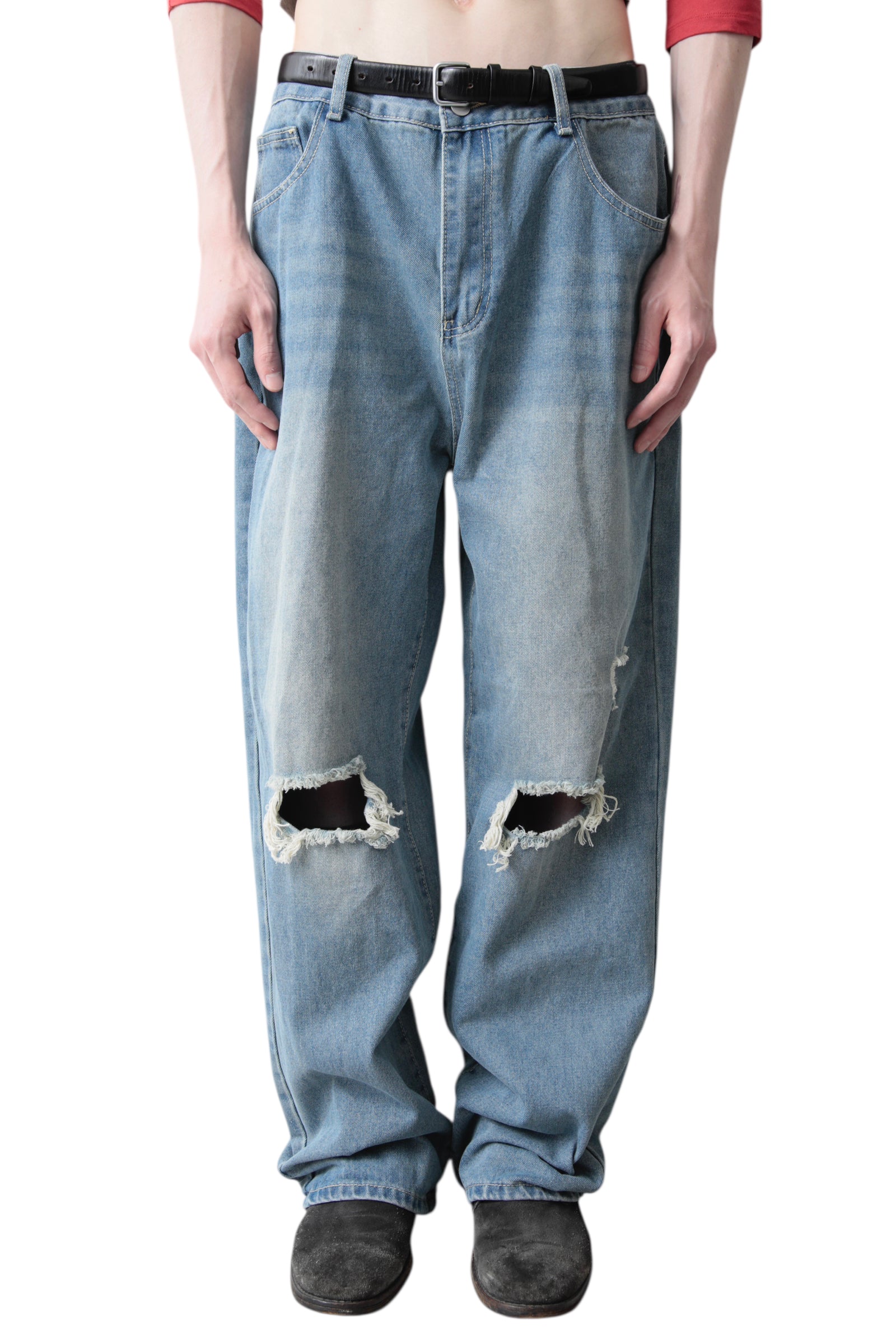 CRASHED BLUE BAGGY DENIM PANTS