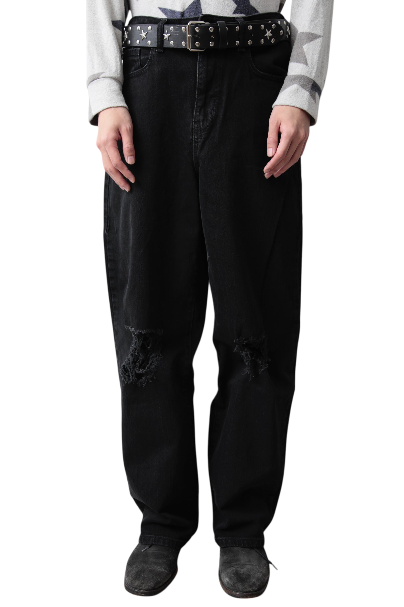 KNEE CRUSHED BLACK WIDE DENIM PANTS