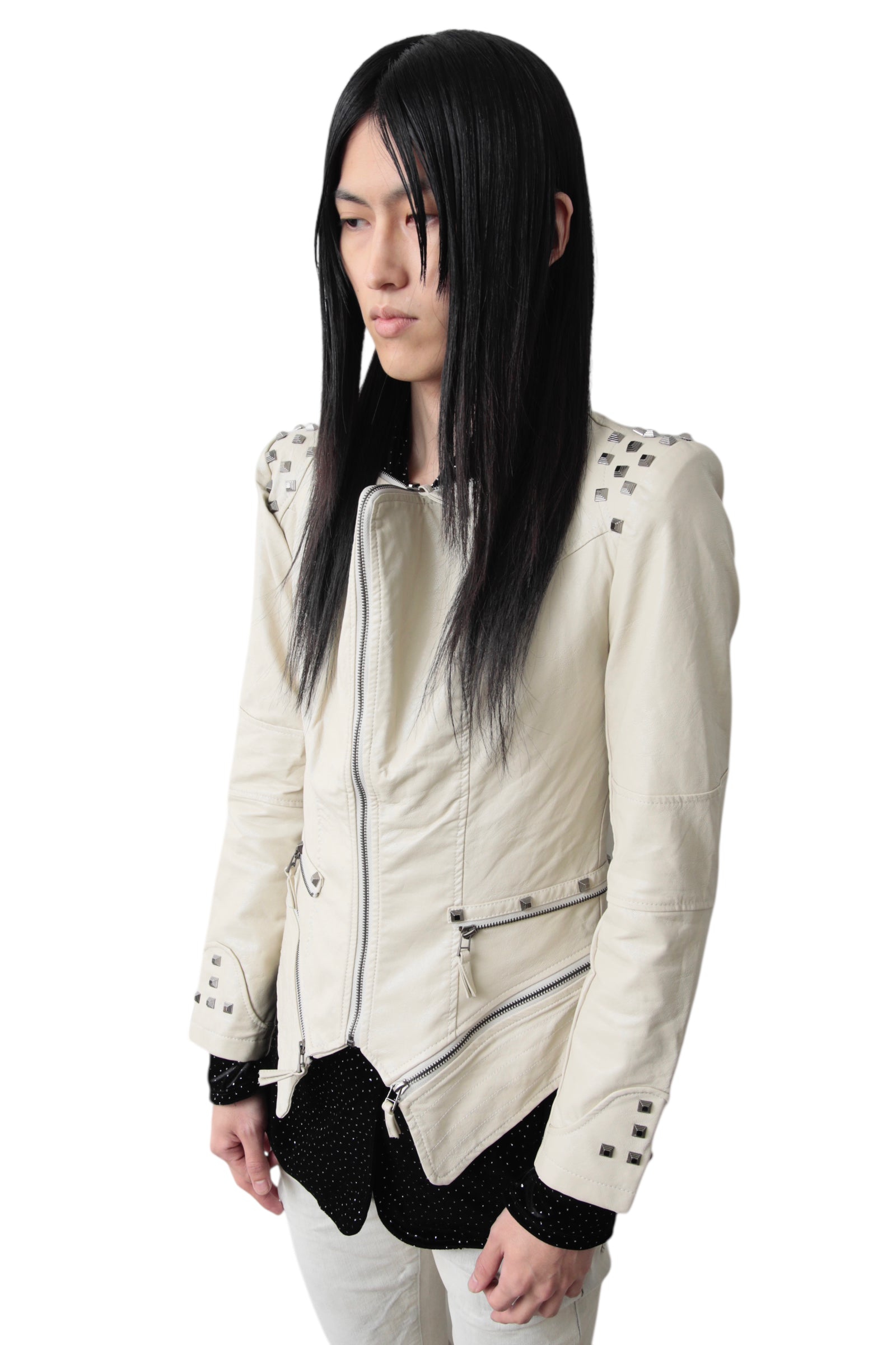 STUDDED NO COLLAR ZIP LEATHER JACKET