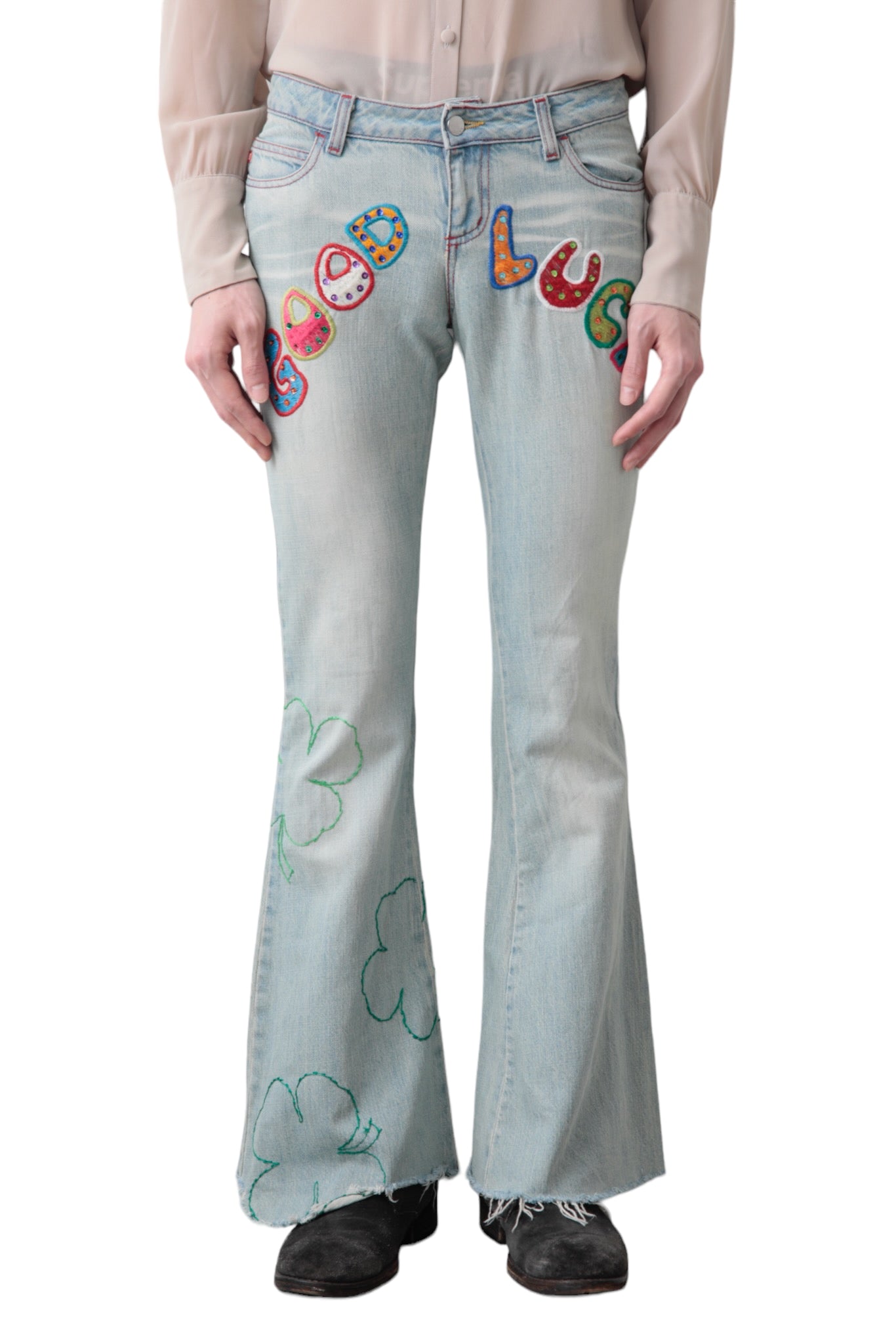 1990s "GOOD LUCK" EMBROIDERY FLARE DENIM PANTS