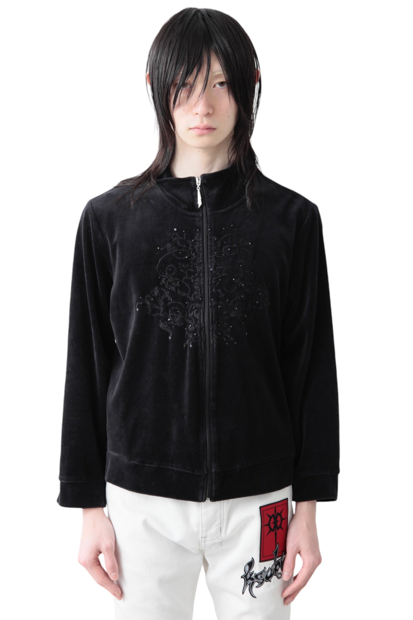 VELVET RHINESTONE ZIP UP BLOUSON