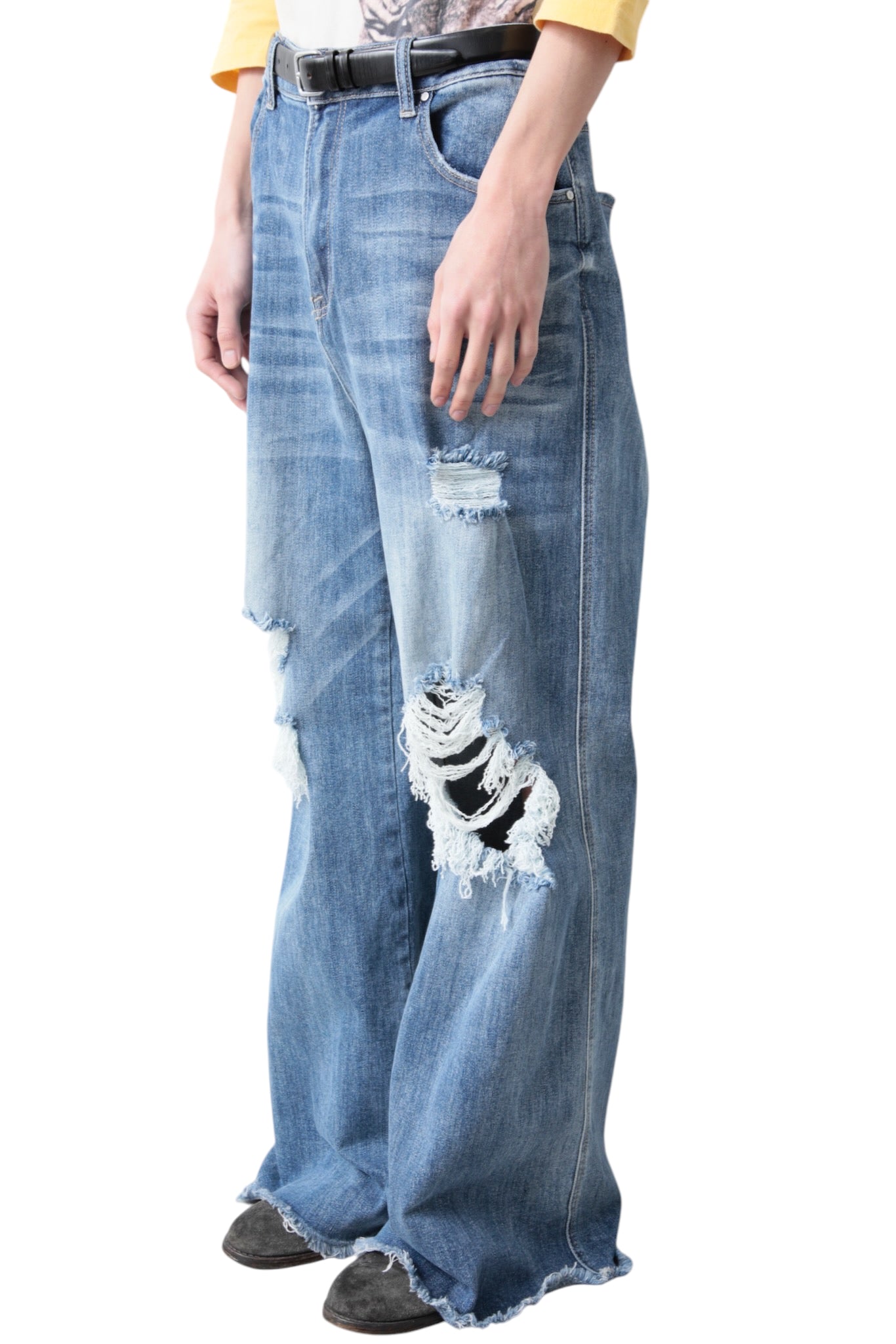 CRUSHED BLUE BAGGY DENIM PANTS