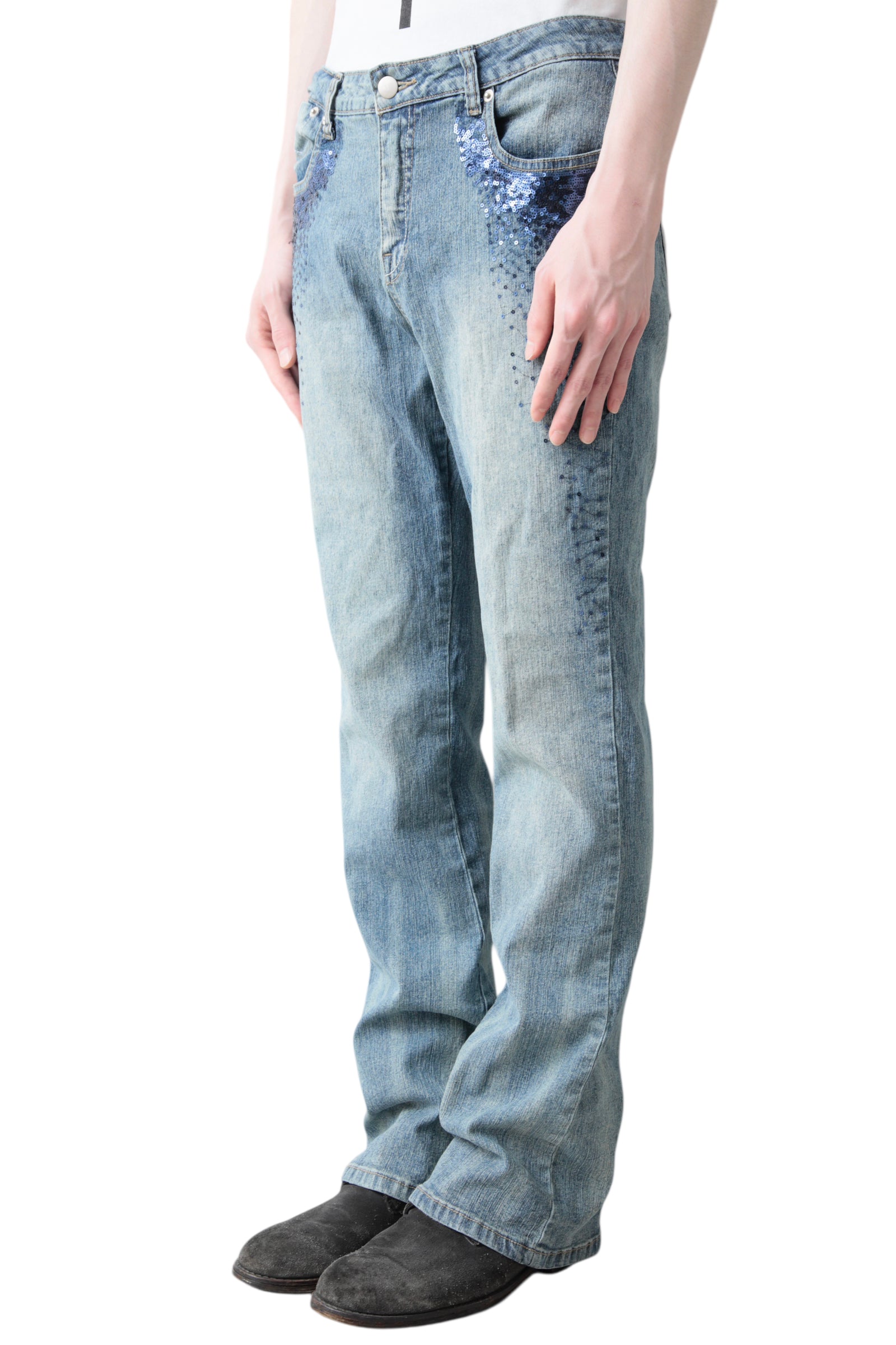 SCATTERED SEQUINS STRAIGHT DENIM PANTS