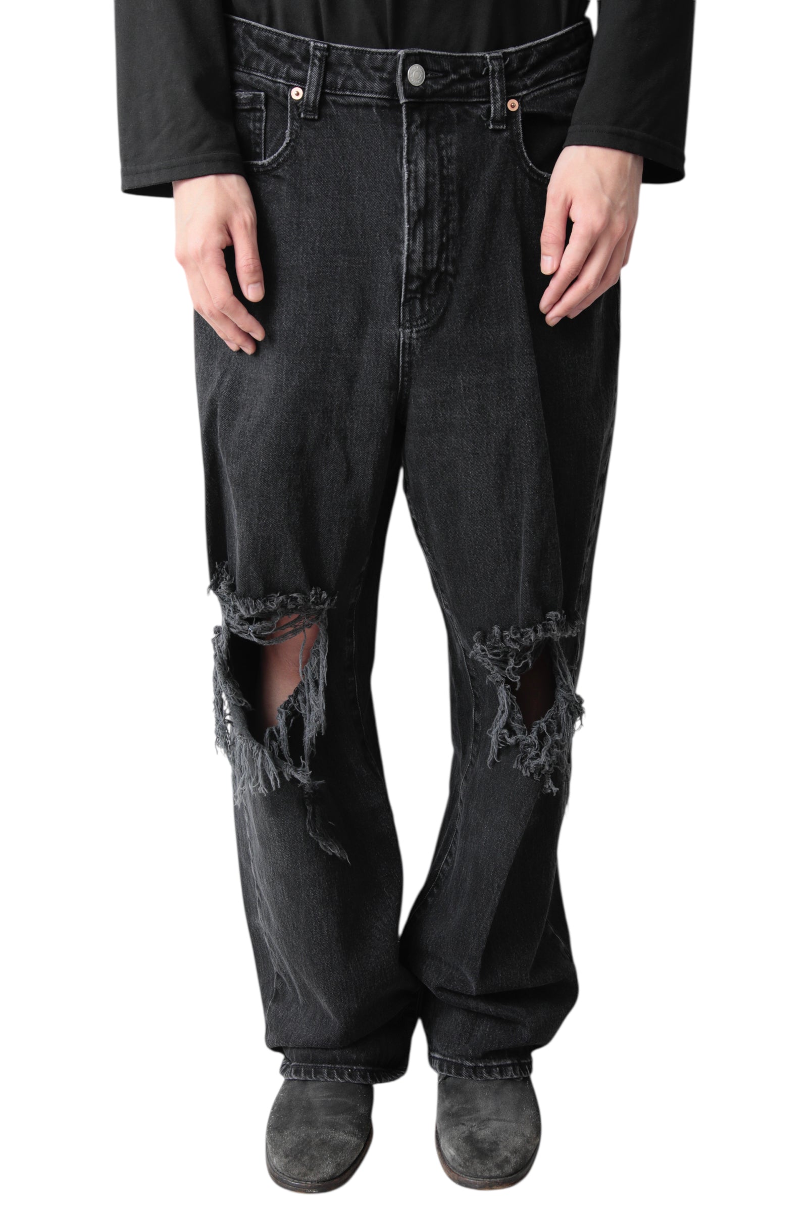 CRUSHED BLACK WIDE DENIM PANTS