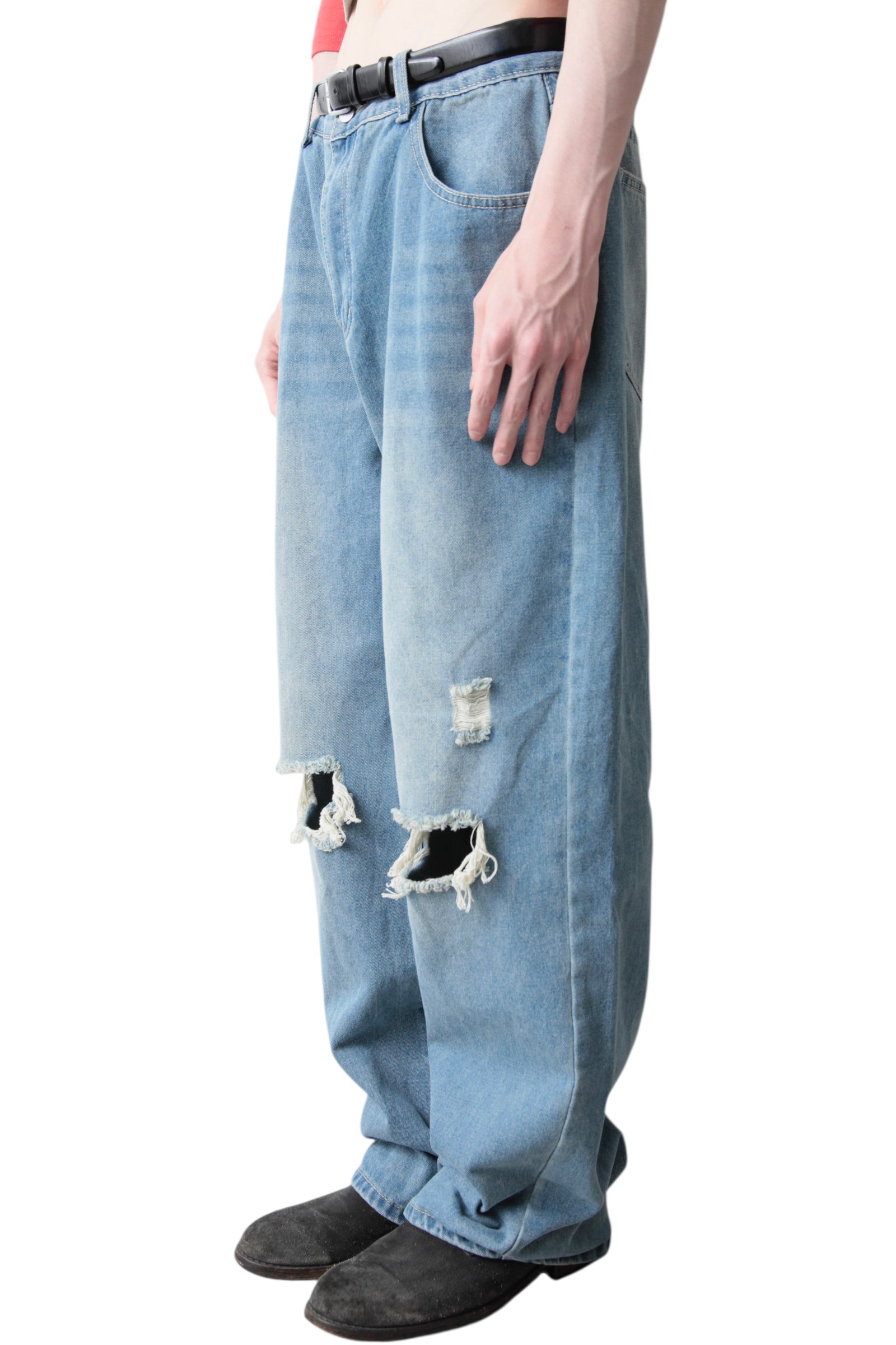 CRASHED BLUE BAGGY DENIM PANTS