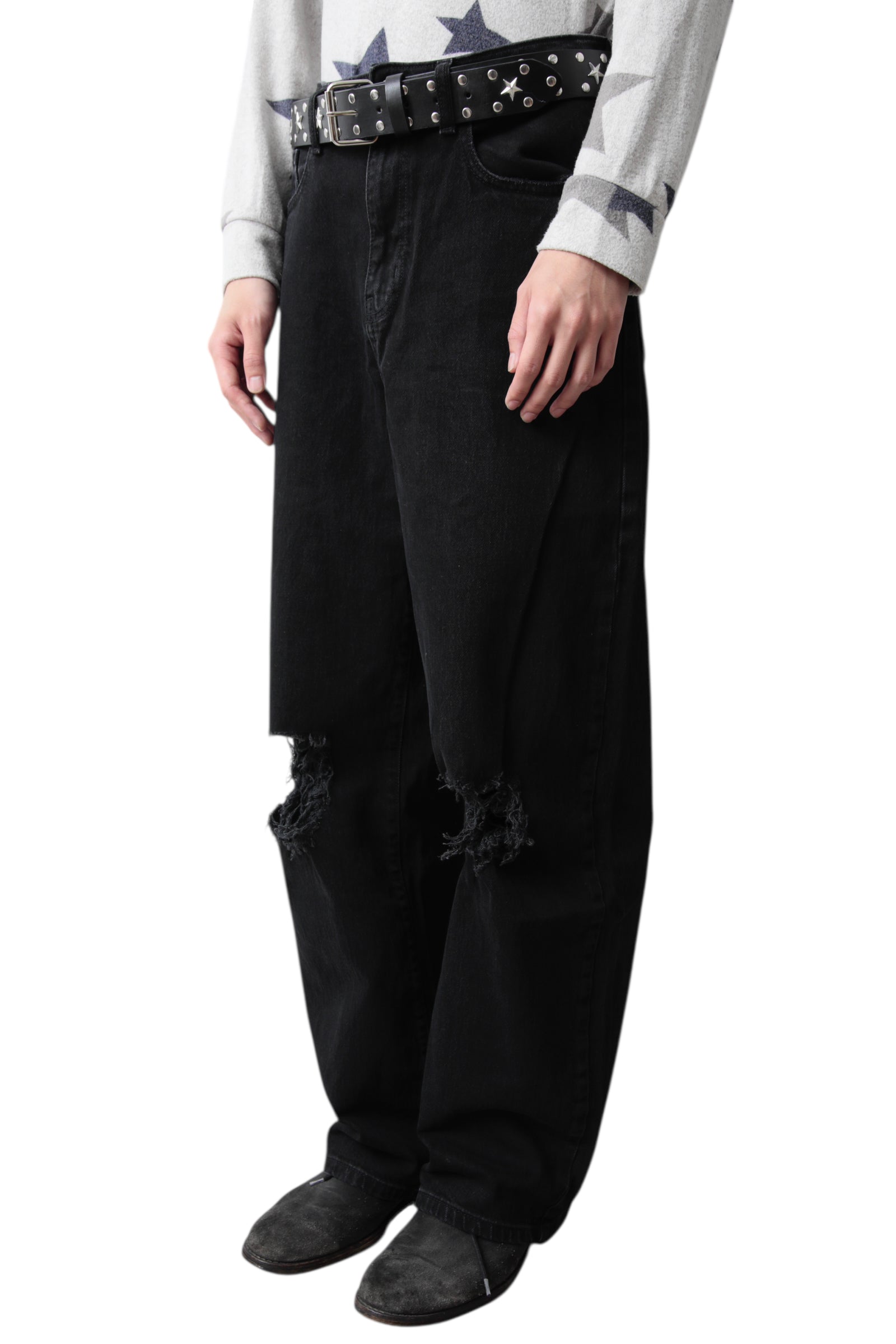 KNEE CRUSHED BLACK WIDE DENIM PANTS