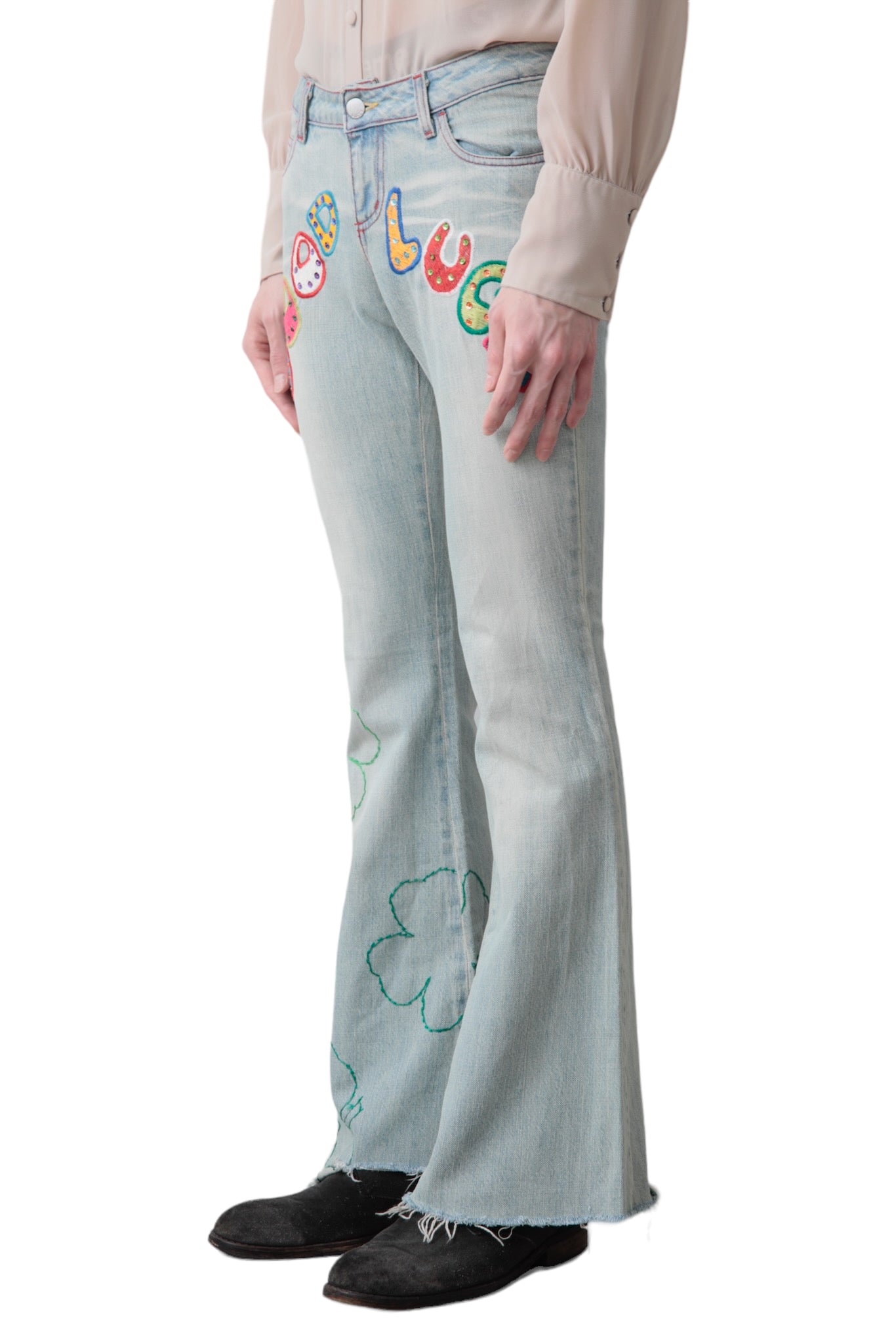 1990s "GOOD LUCK" EMBROIDERY FLARE DENIM PANTS