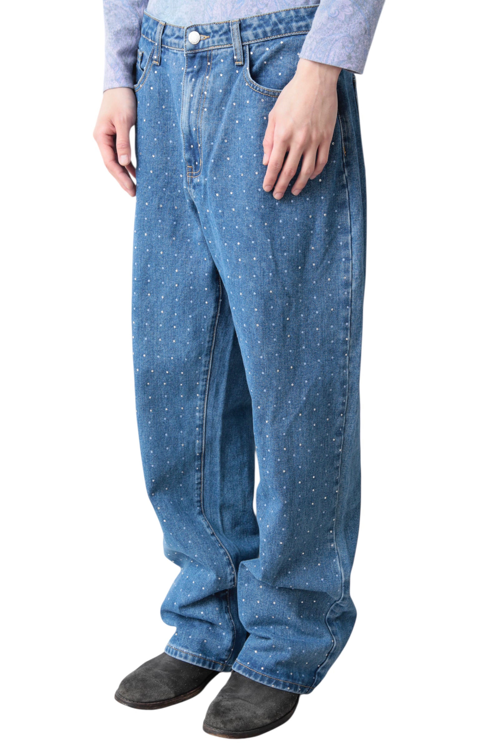SCATTERED RHINESTONE WIDE DENIM PANTS