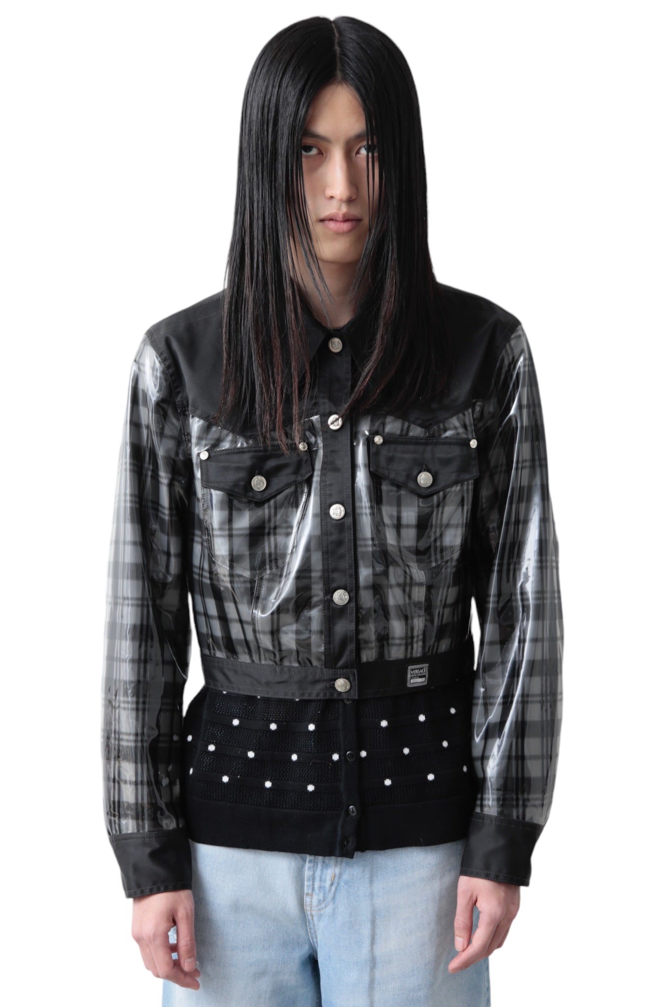 VERSACE CROPPED SWITCHING PVC CHECK BLOUSON