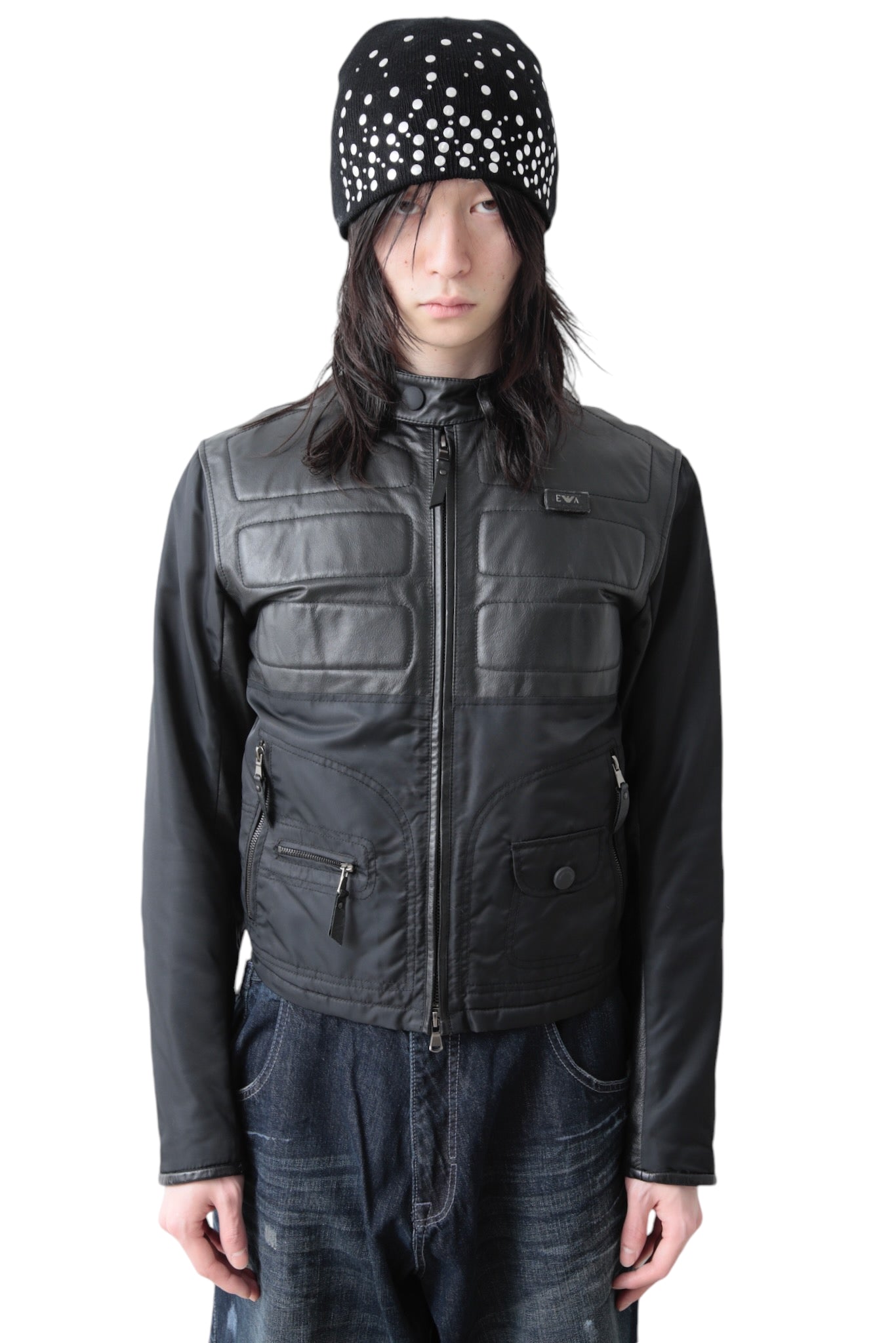 EMPORIO ARMANI LEATHER SWITCHING NYLON BLOUSON