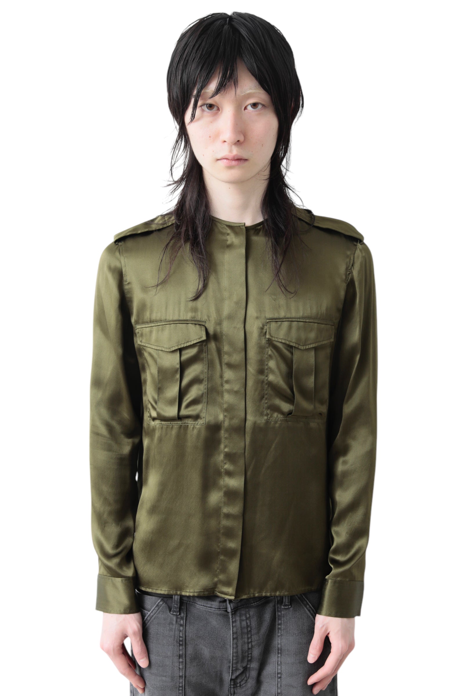 HAIDER ACKERMANN NO COLLAR MILITARY SILK SHIRT