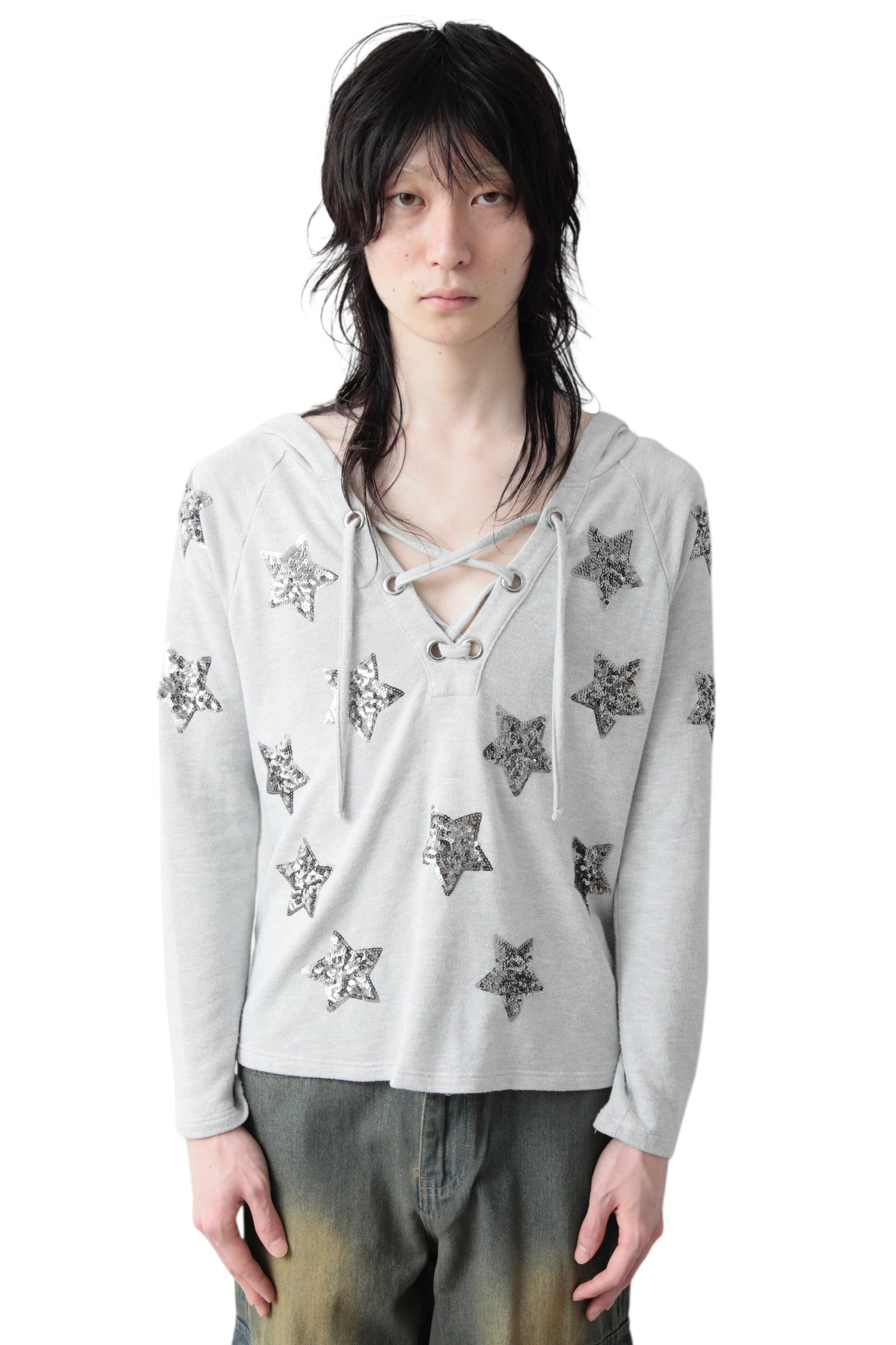 SEQUINS STAR LACE UP HOODIE