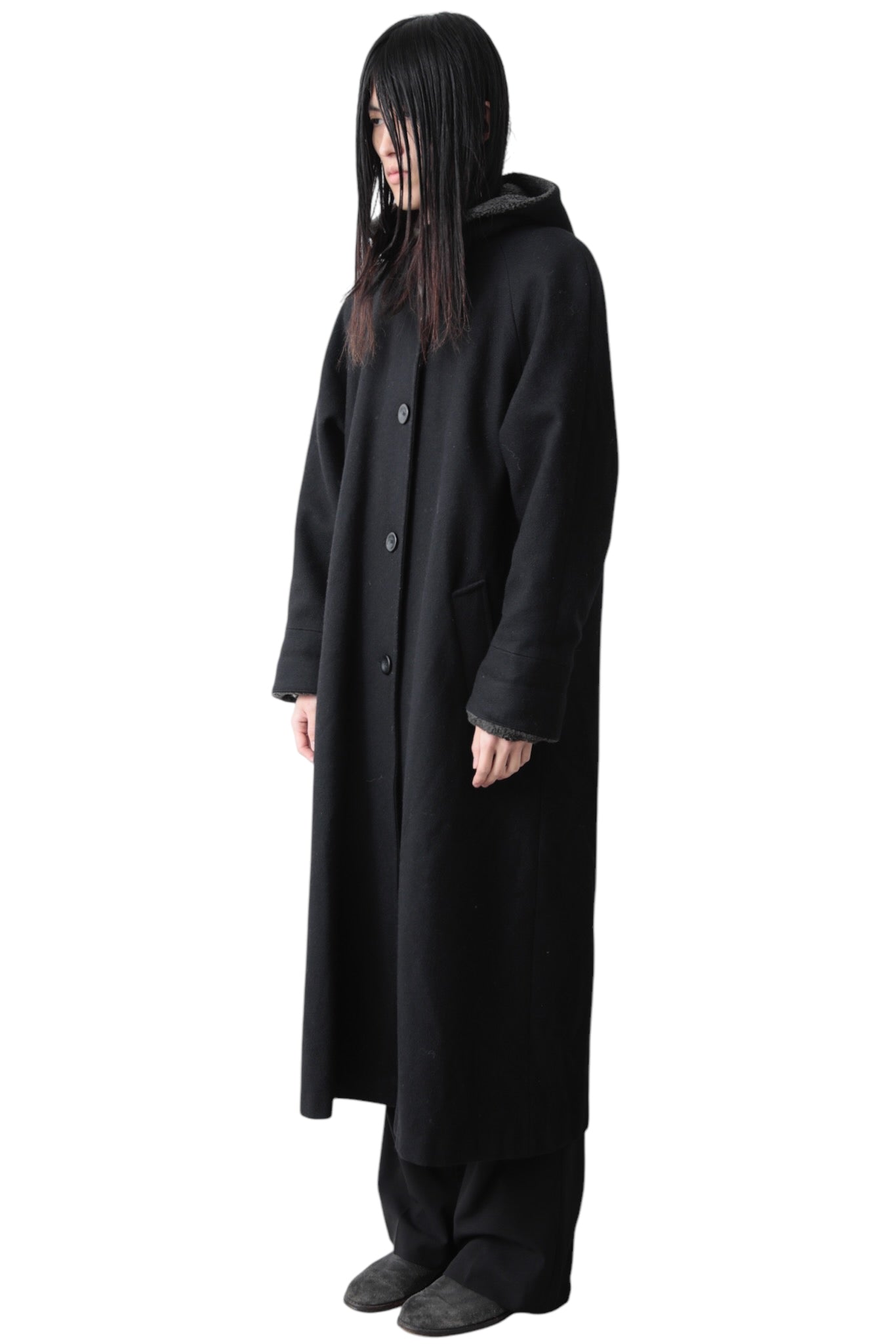 BUTTON UP BOA HOODED MAXI COAT