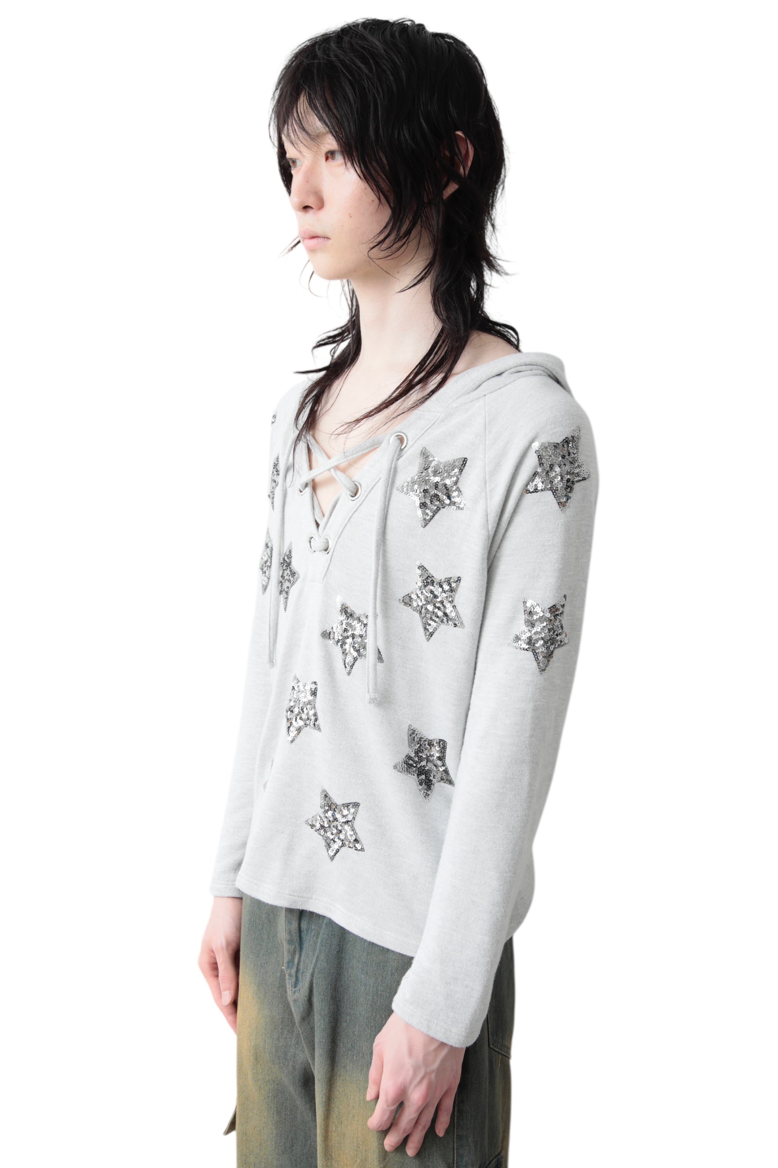 SEQUINS STAR LACE UP HOODIE