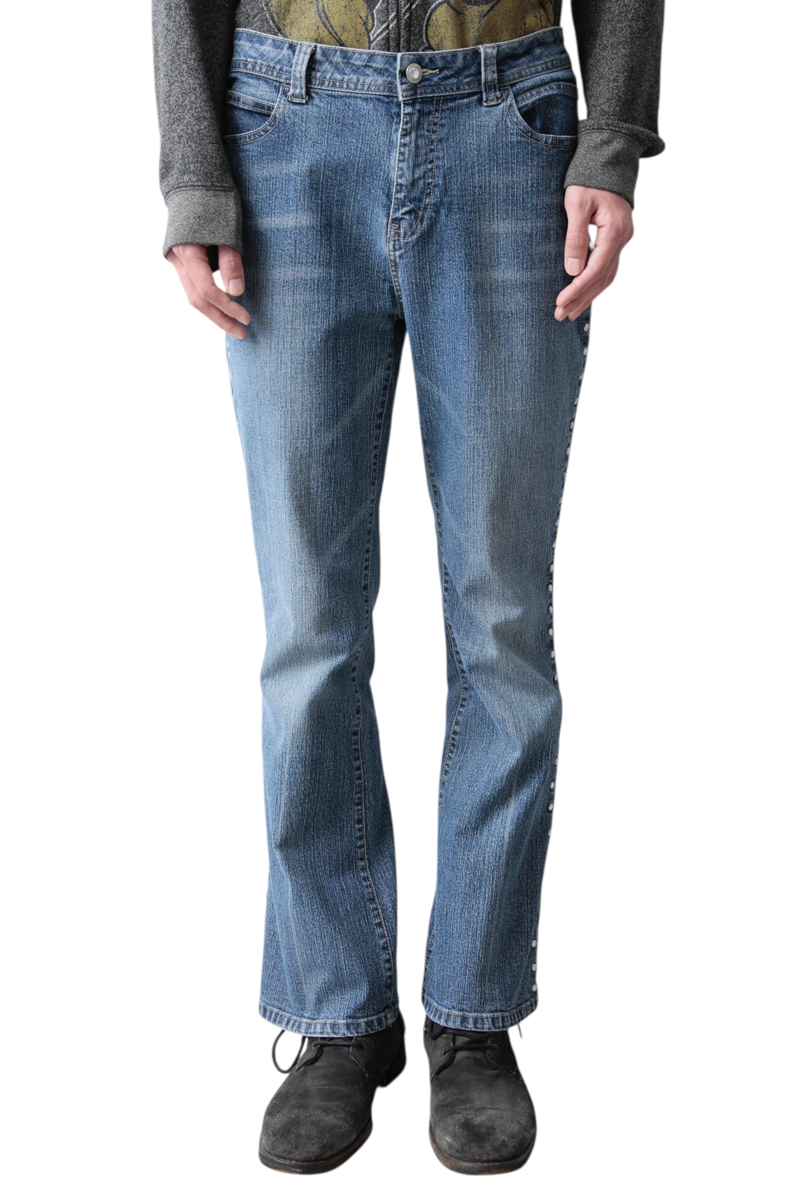 SIDE STUDDED FLARE DENIM PANTS