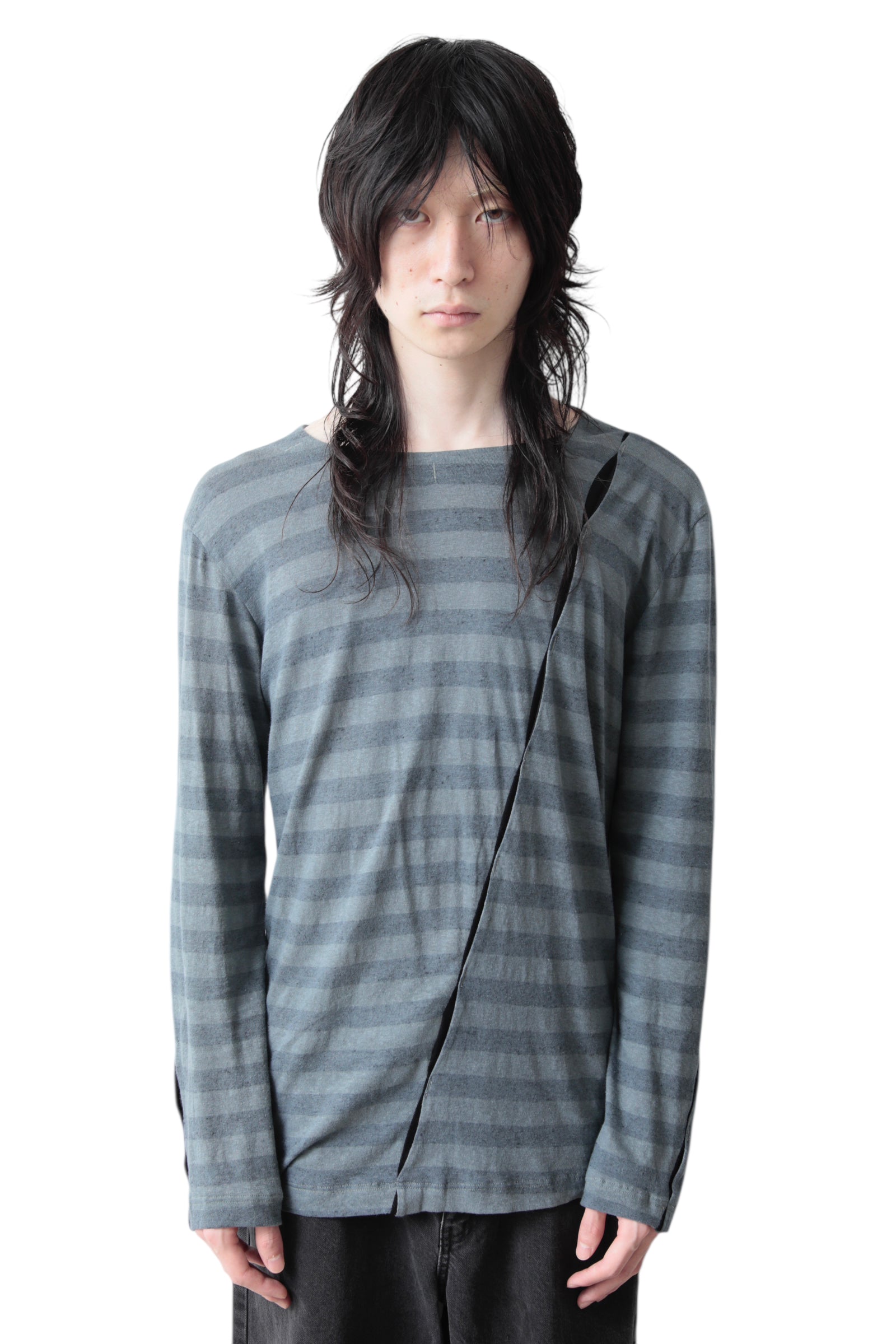 KOHSHIN SATOH DIAGONAL CUT BORDER LONG SLEEVE T-SHIRT