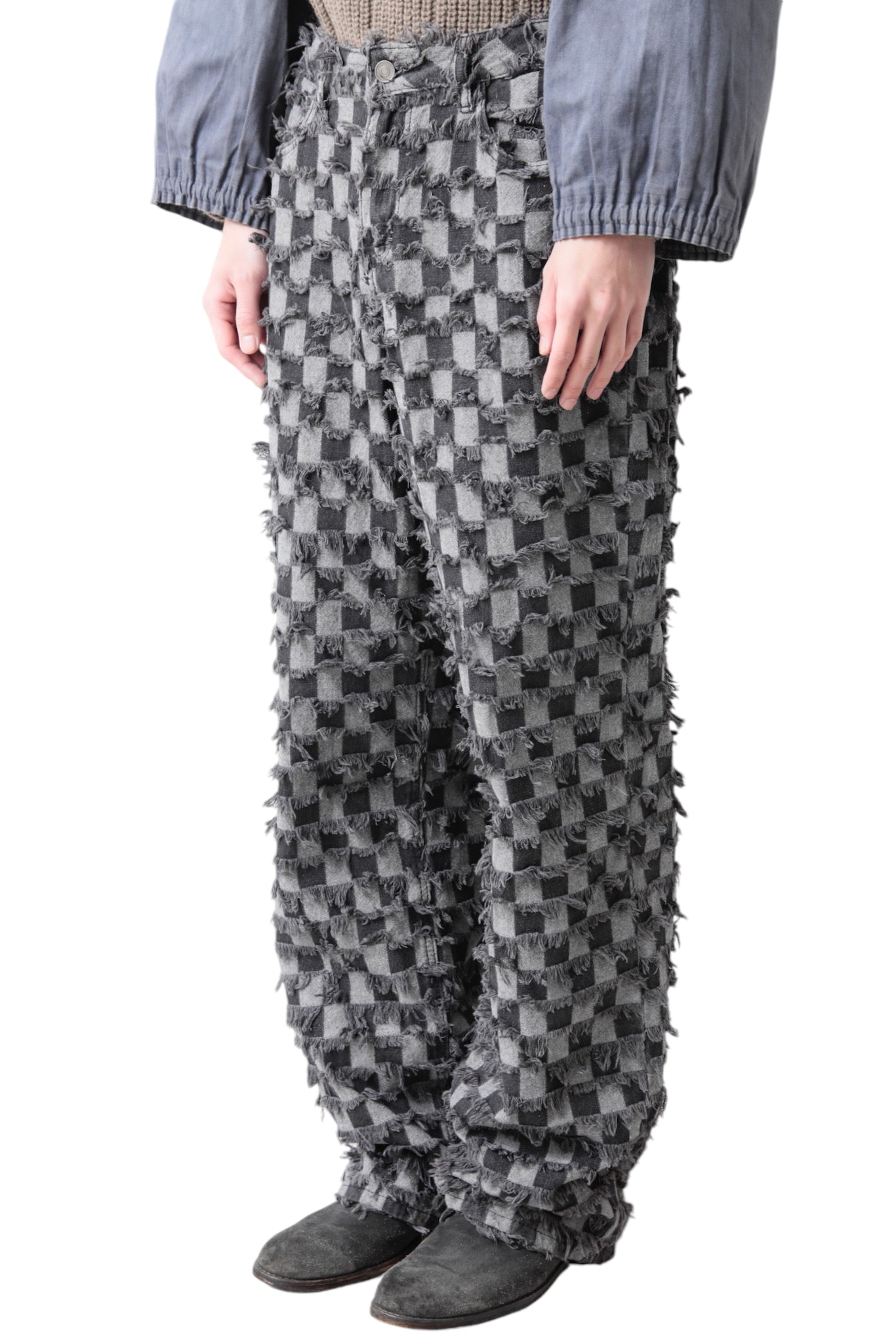 CHECKER FLAG FRINGE DENIM PANTS