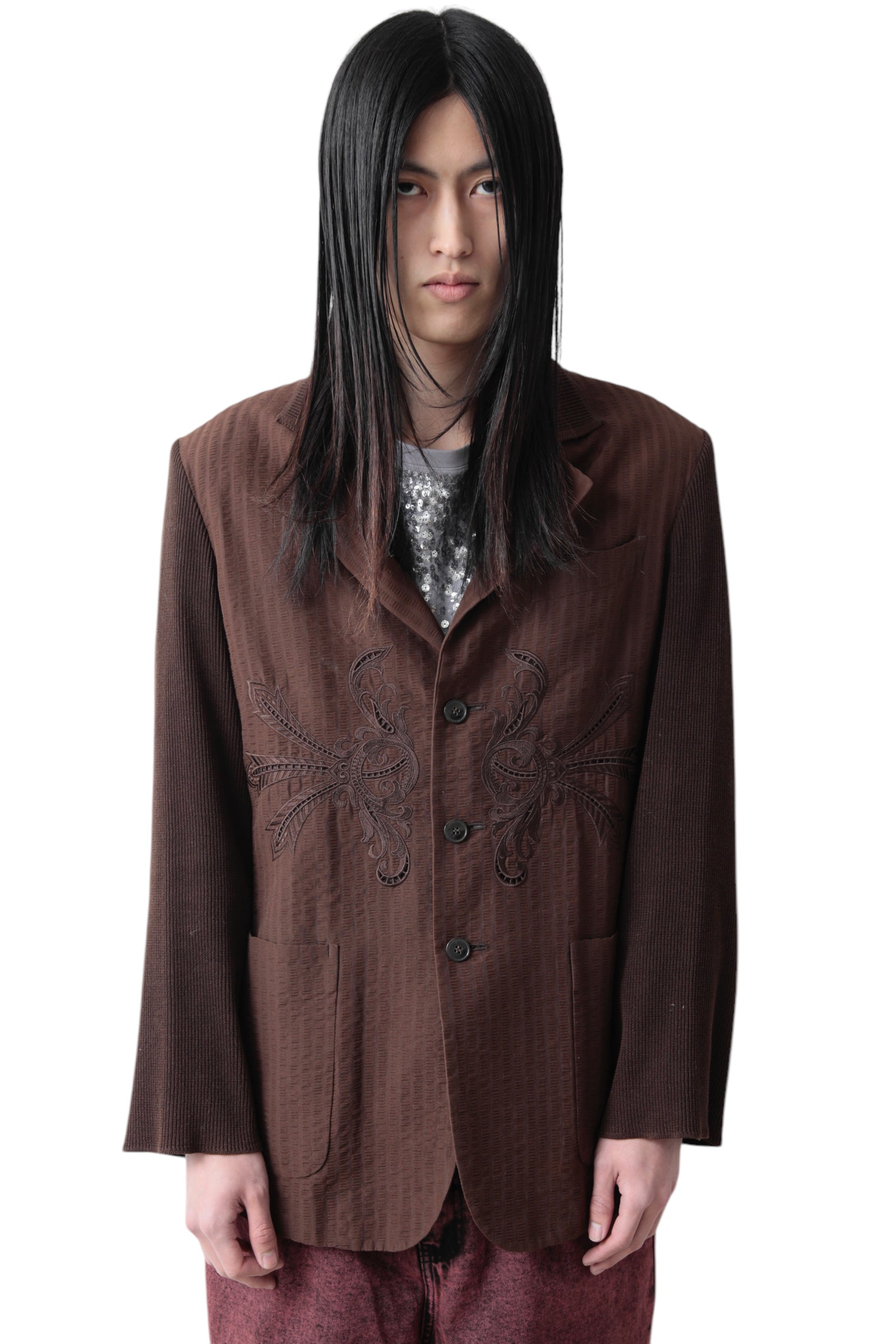 YOSHIYUKI KONISHI KNIT SWITCHING EMBROIDERY TAILORED JACKET