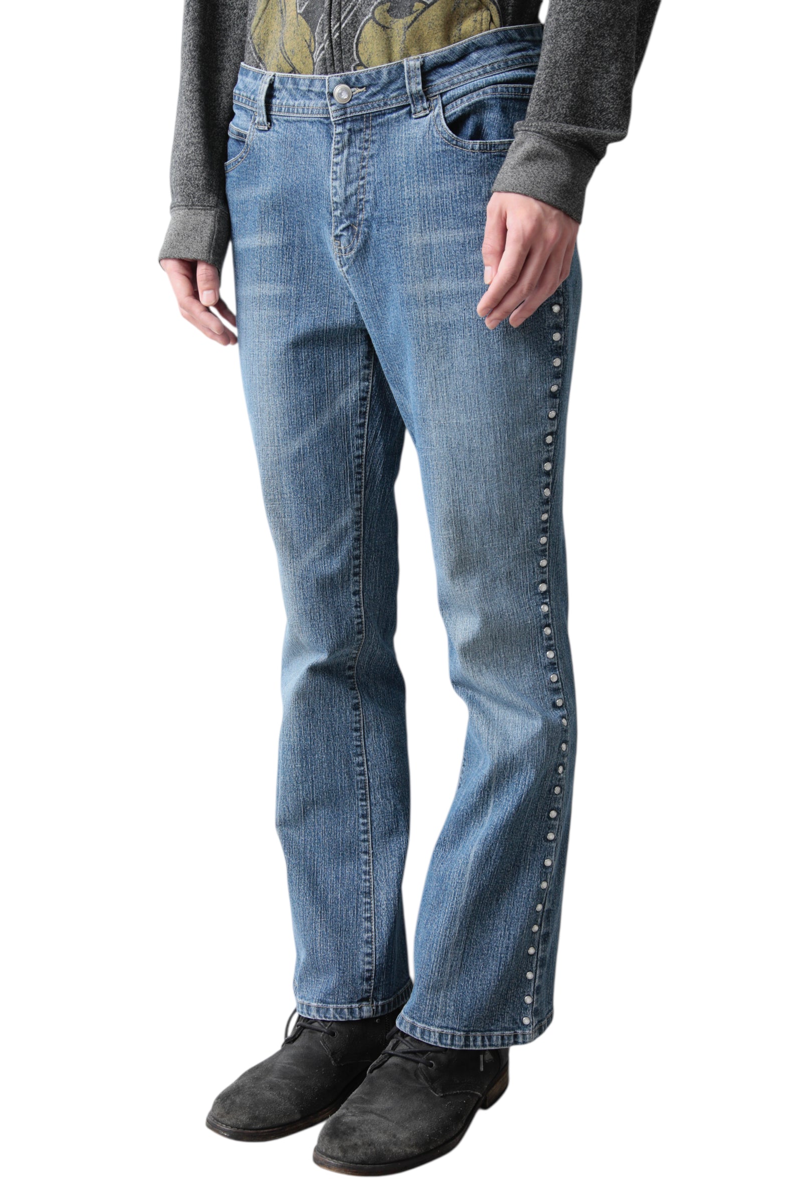 SIDE STUDDED FLARE DENIM PANTS