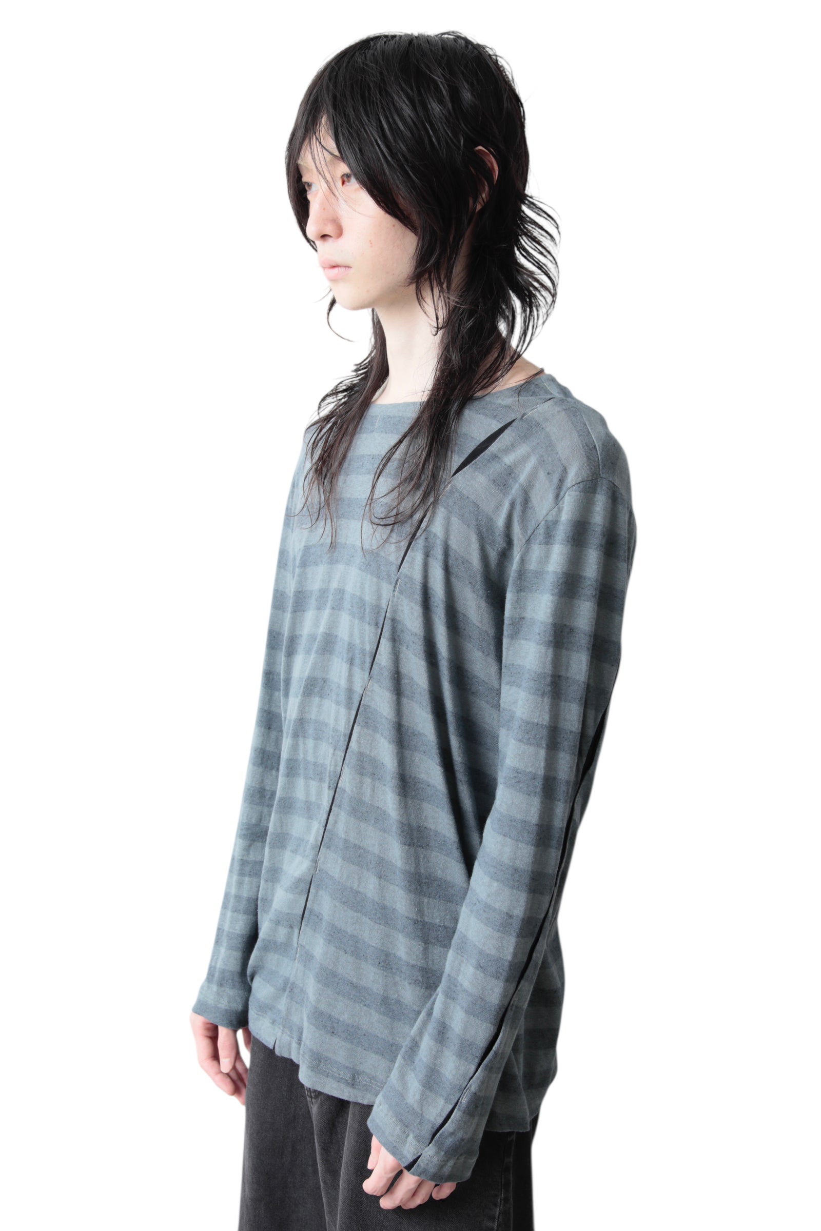 KOHSHIN SATOH DIAGONAL CUT BORDER LONG SLEEVE T-SHIRT