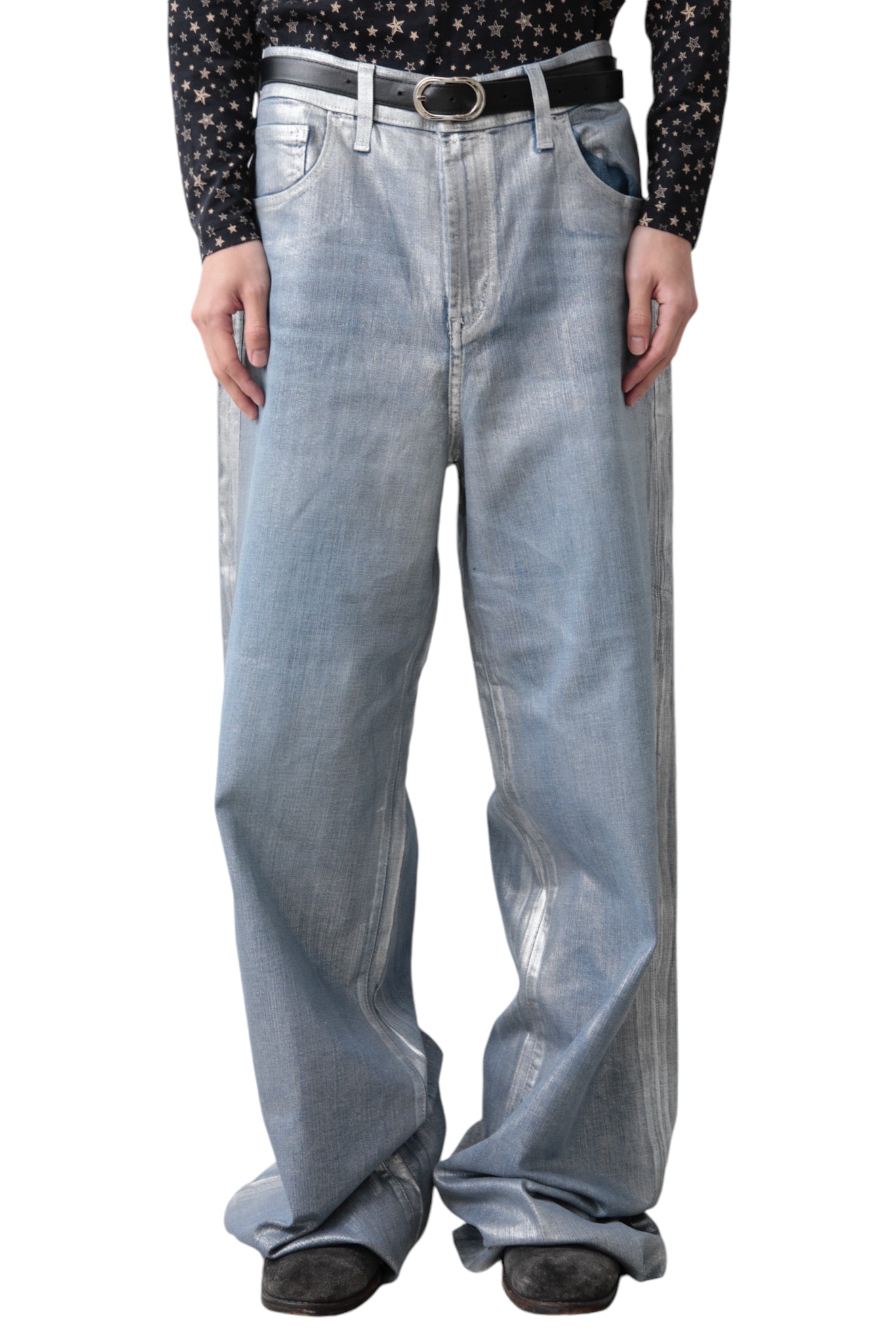 METALIC COATING BAGGY DENIM PANTS