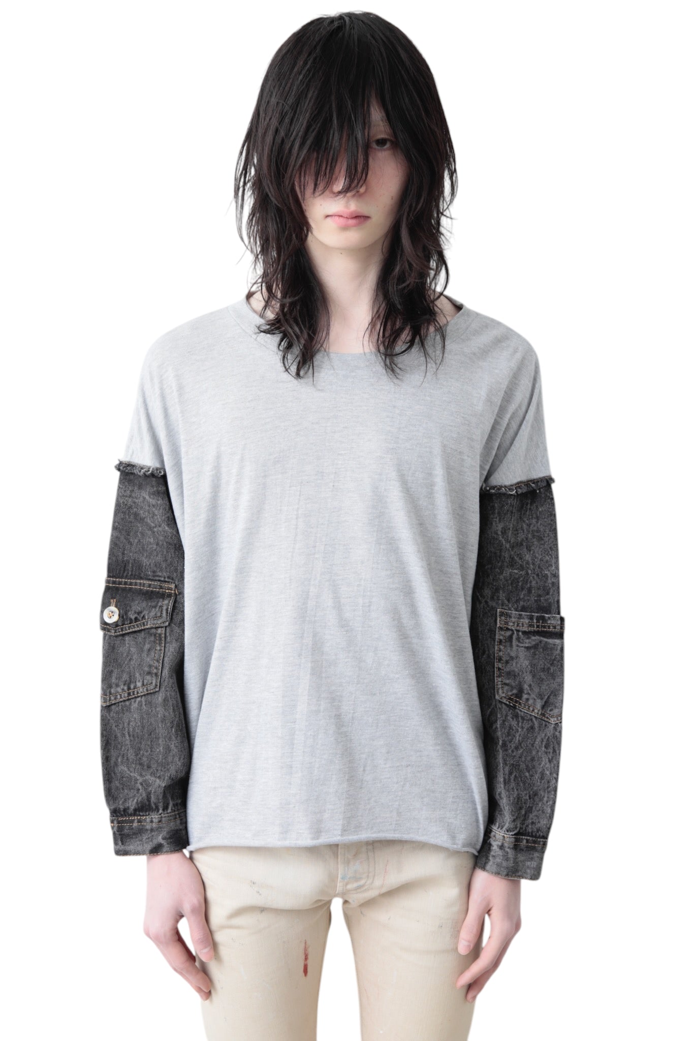 DENIM SWITCHING LONG SLEEVE SHIRT