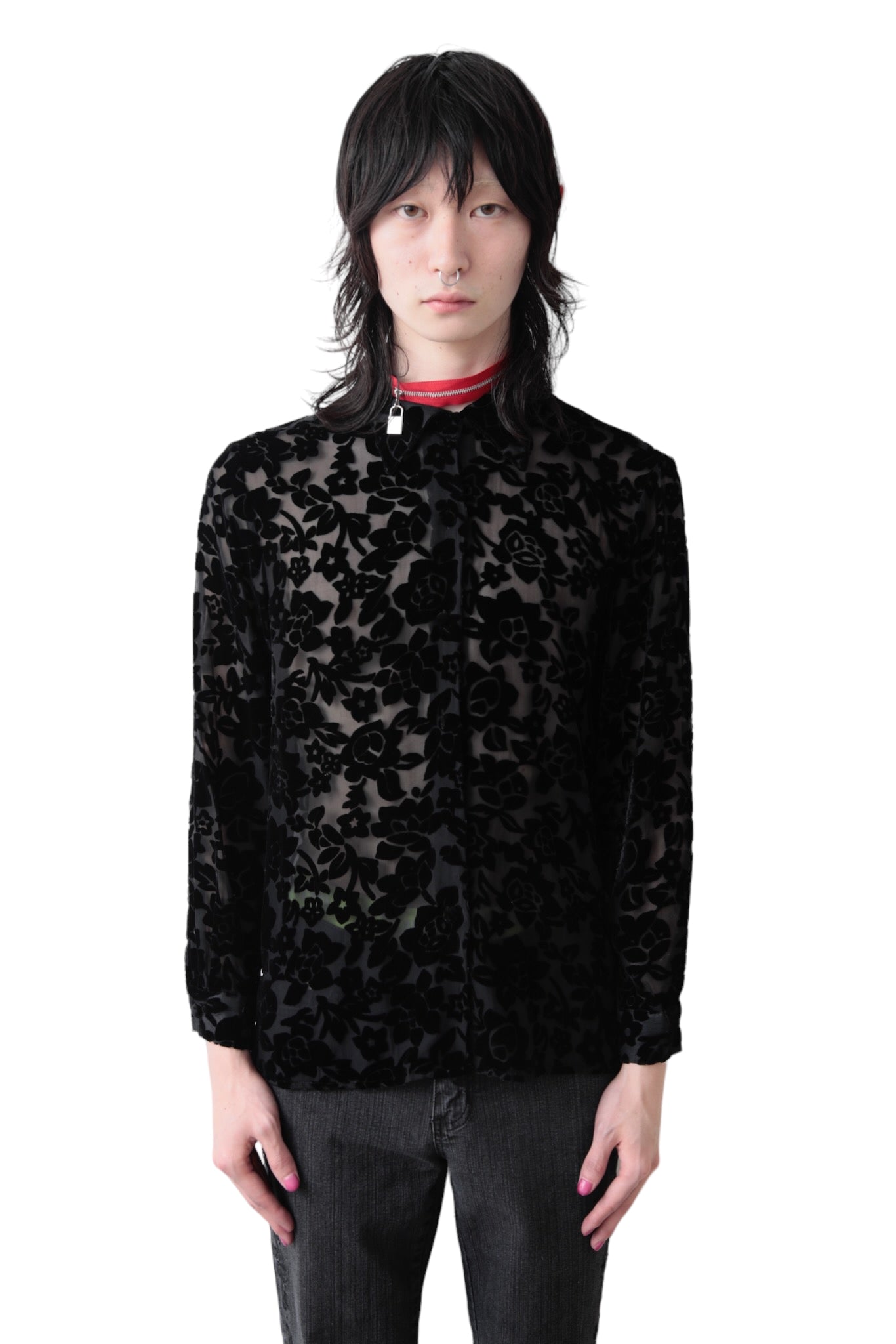 SEE-THROUGH VELVET FROWER SHIRT