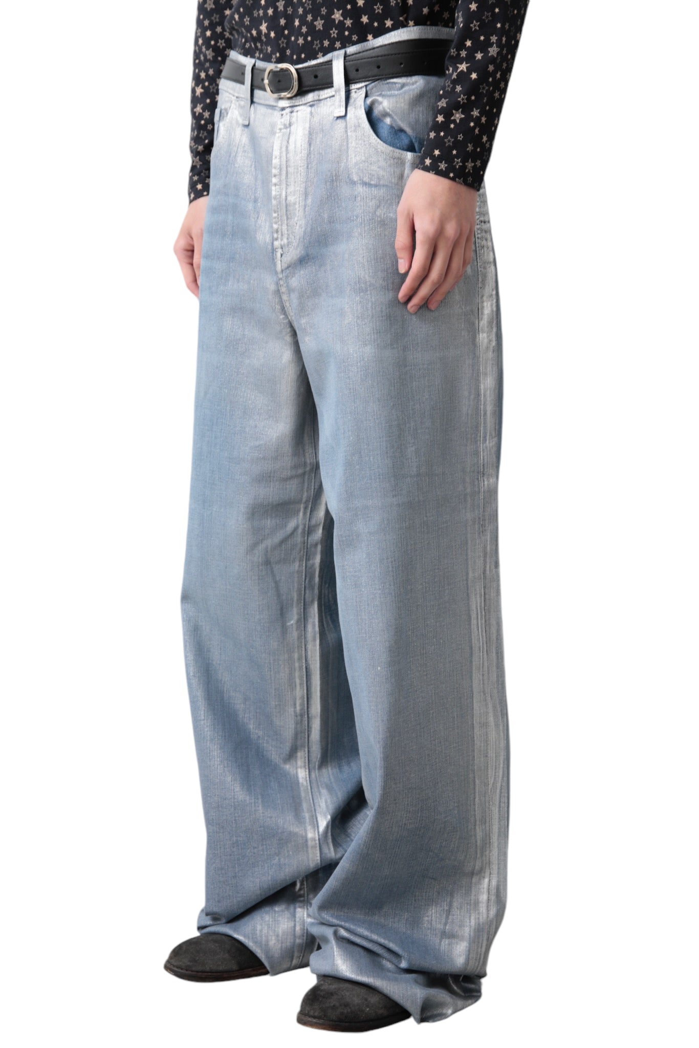 METALIC COATING BAGGY DENIM PANTS