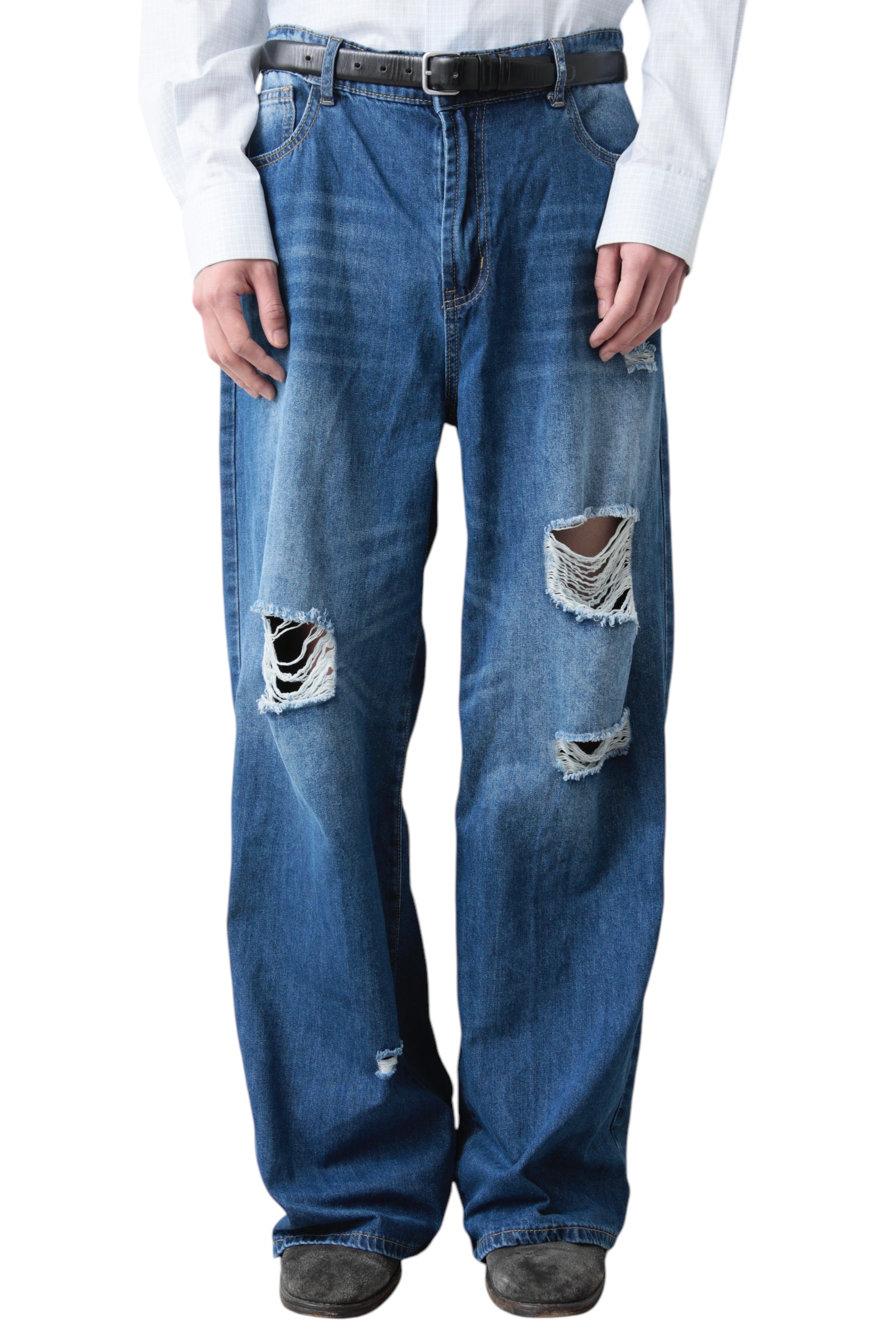 CRUSHED BLUE BAGGY DENIM PANTS