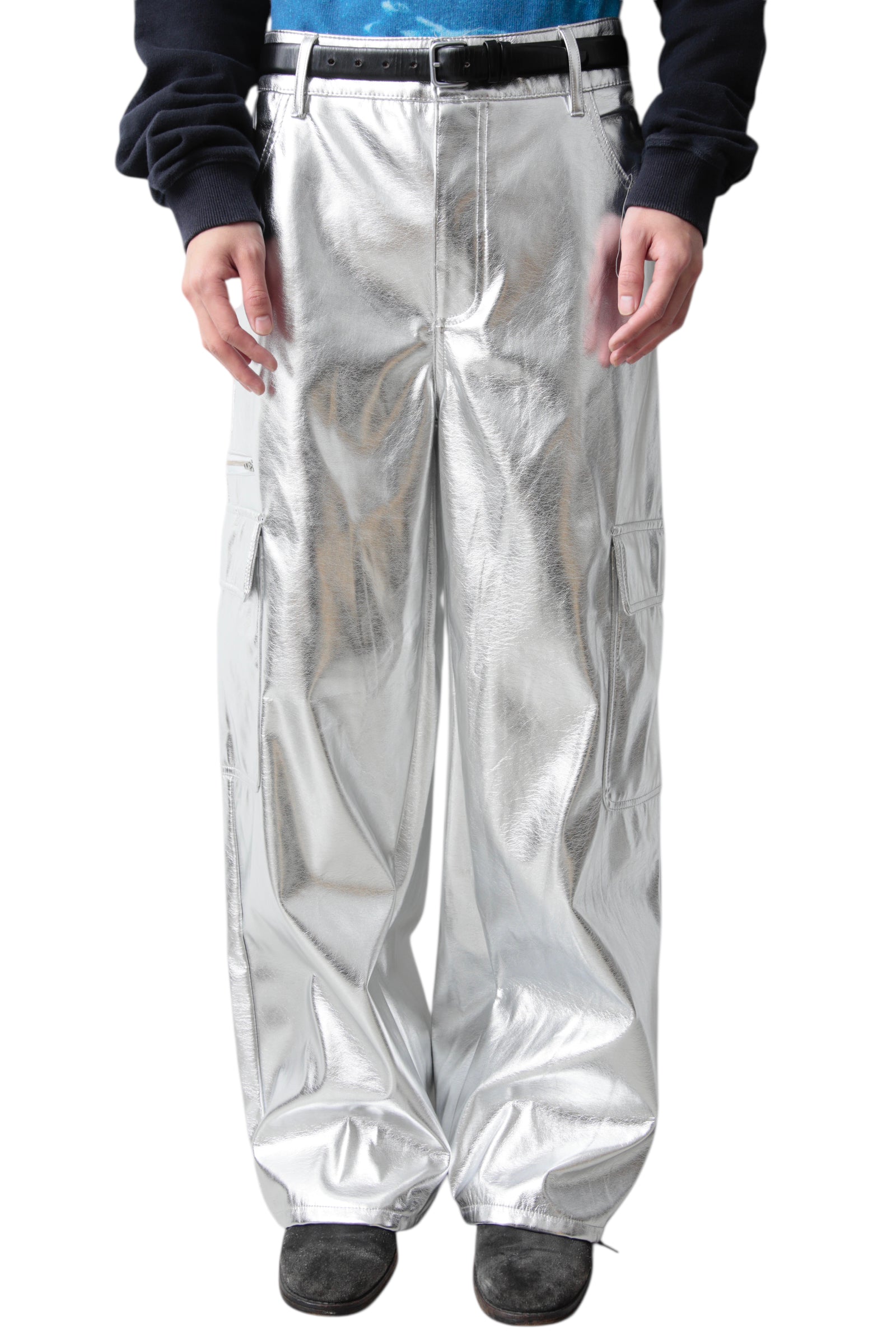 SILVER COATED WIDE CARGO PANTS