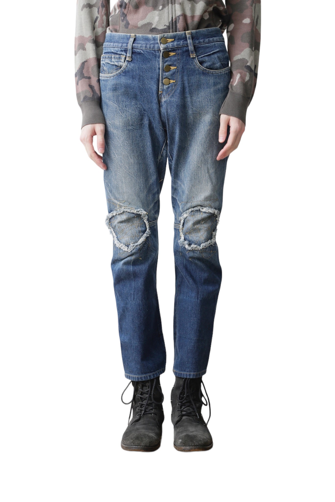 CHRISTOPHER NEMETH FRONT BUTTON PATCH DENIM PANTS