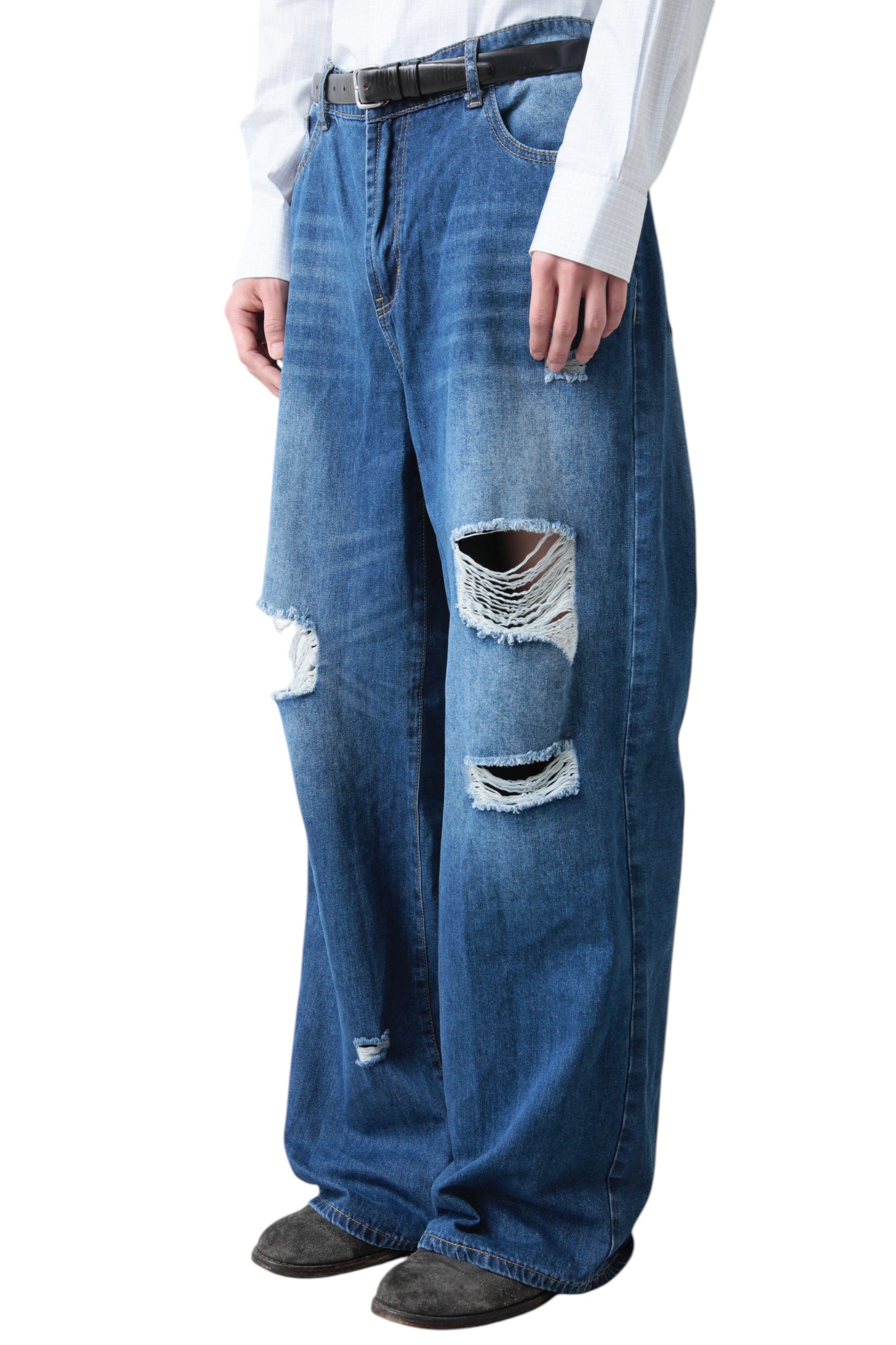 CRUSHED BLUE BAGGY DENIM PANTS