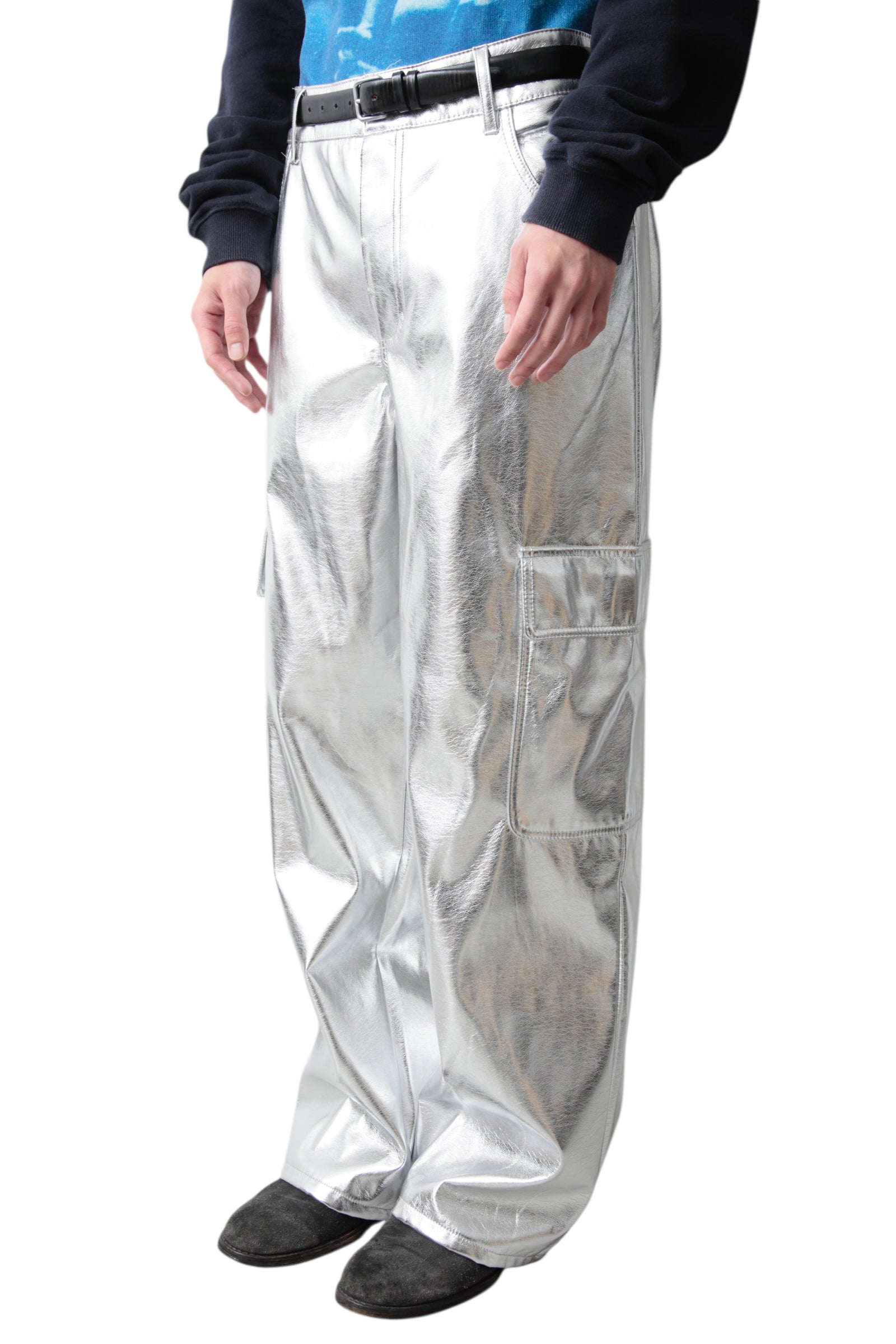 SILVER COATED WIDE CARGO PANTS