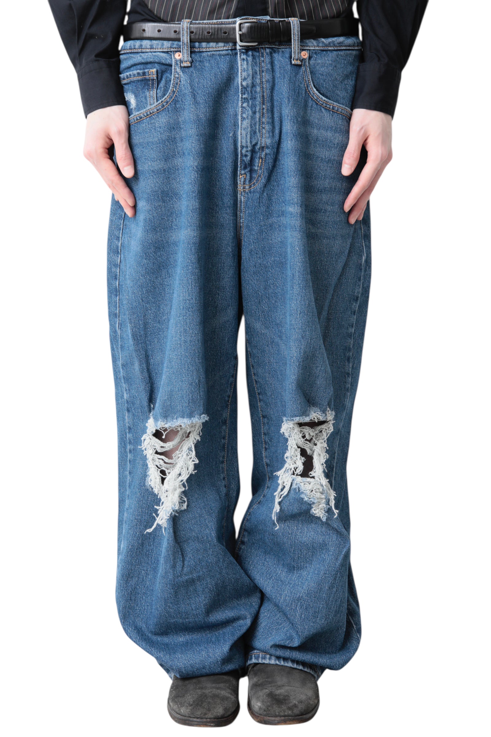 CRUSHED BLUE BAGGY DENIM PANTS