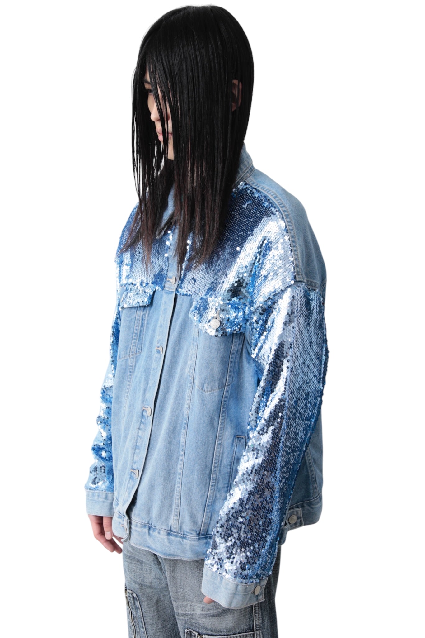 SEQUINS CRUSHED DENIM JACKET