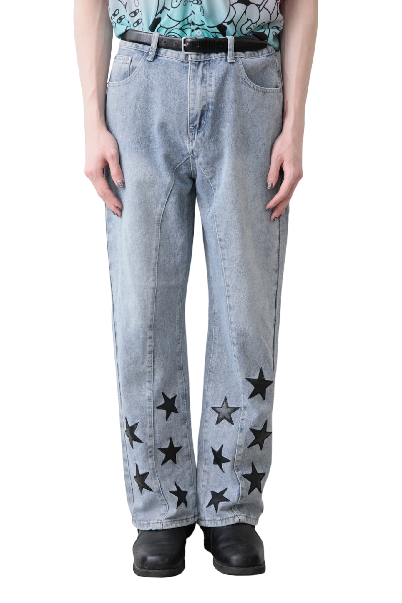 LEATHER STAR PATCH WIDE DENIM PANTS