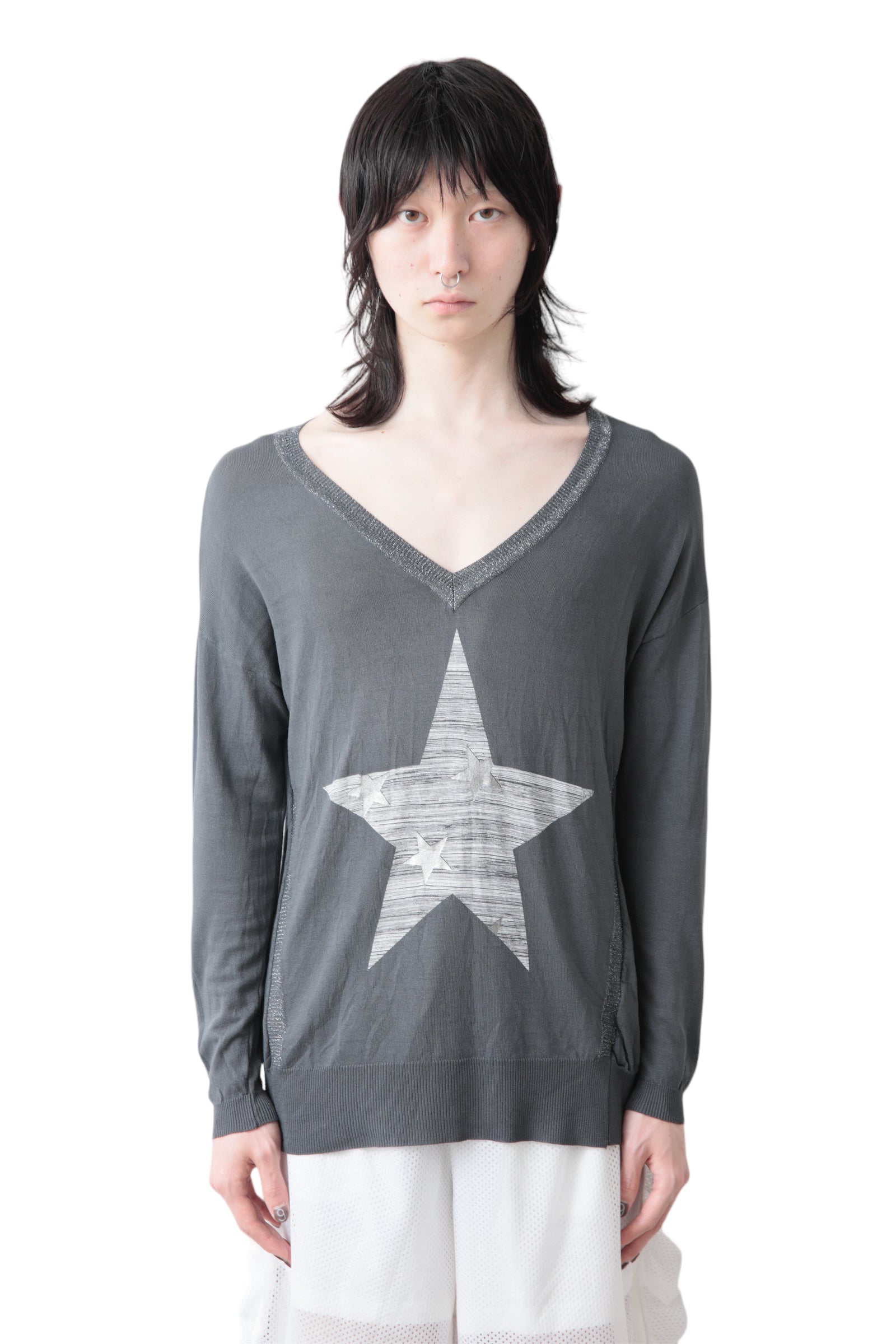 SILVER LAME V NECK SWEATER