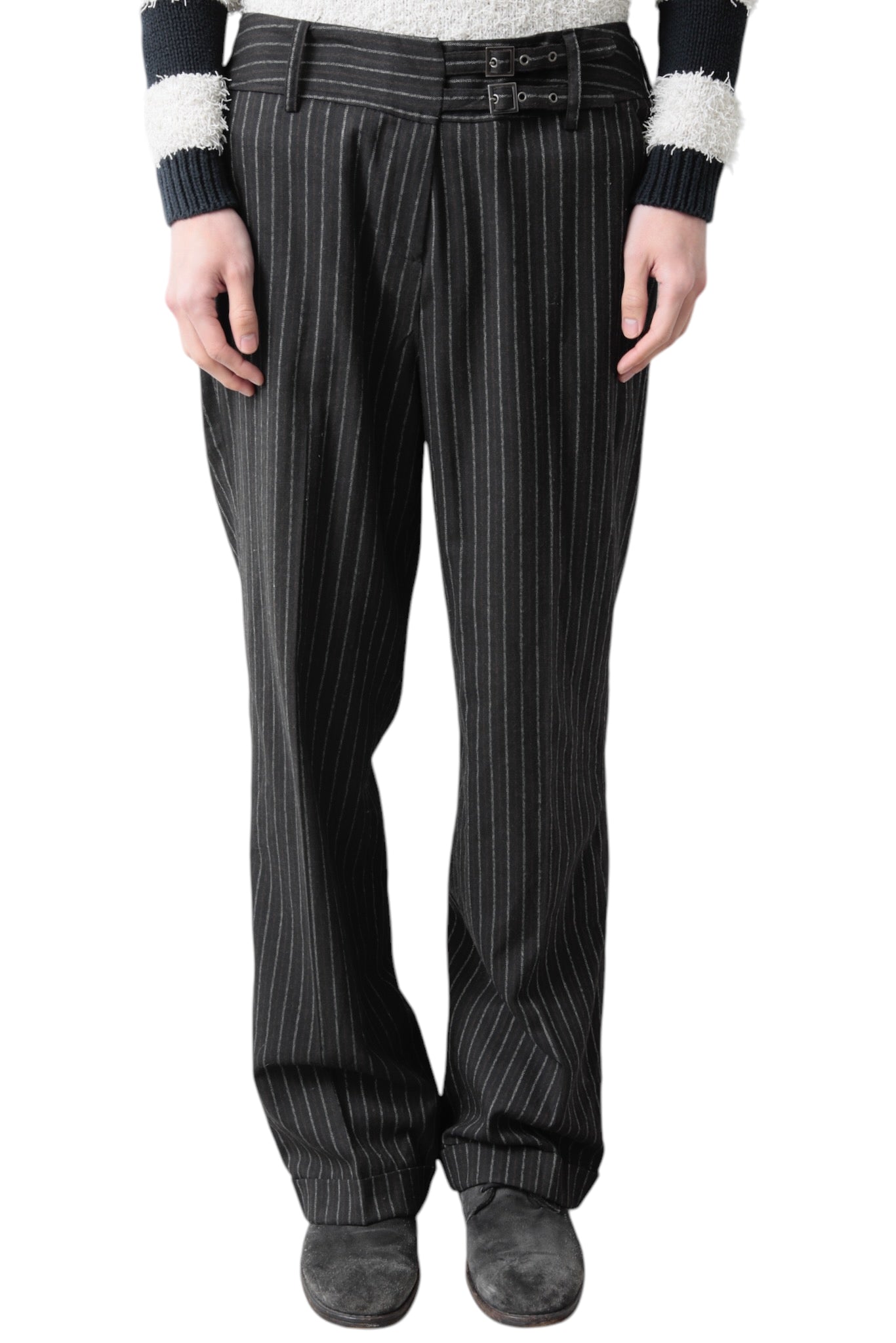 BELTED PIN STRIPE FLARE SLACKS