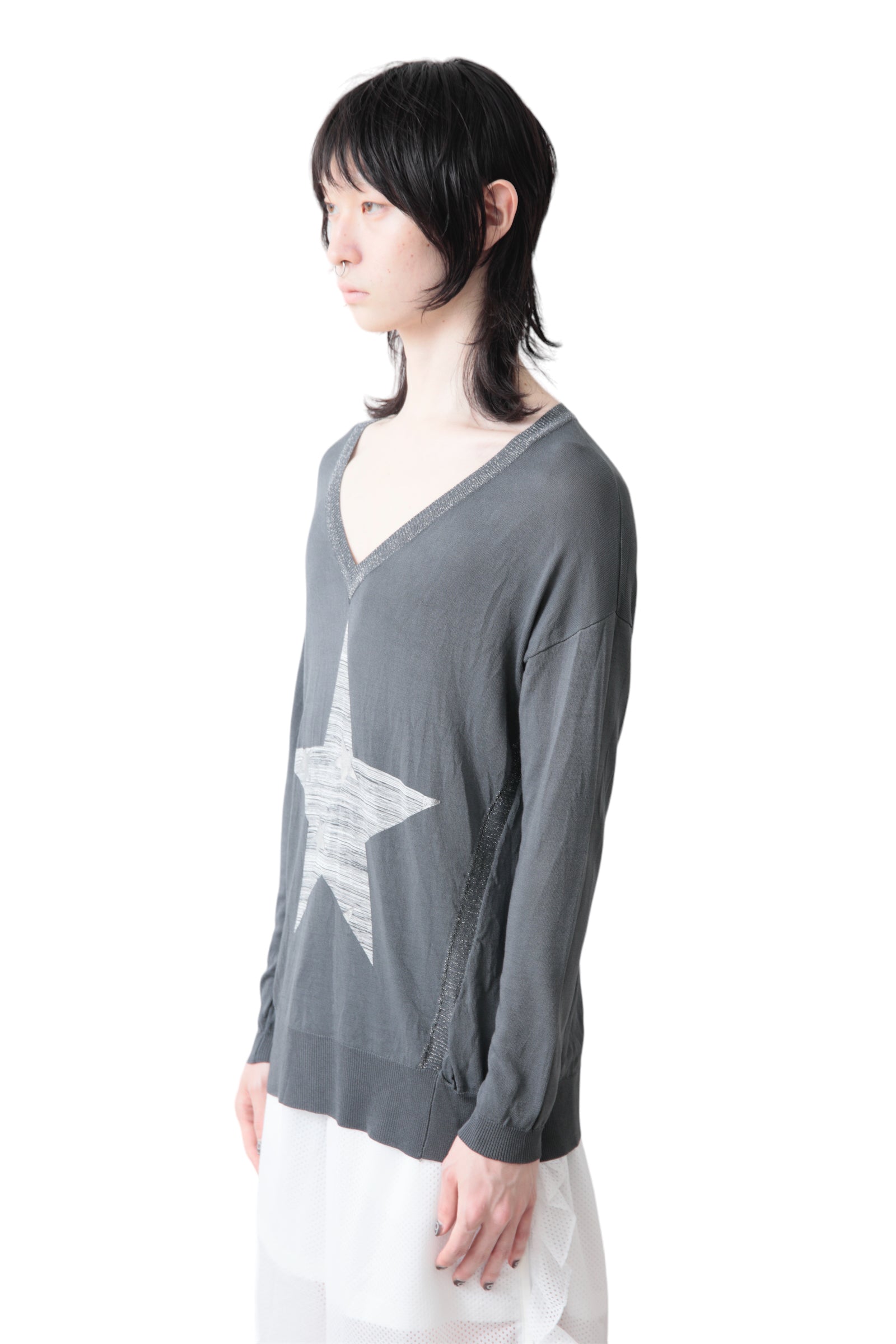 SILVER LAME V NECK SWEATER