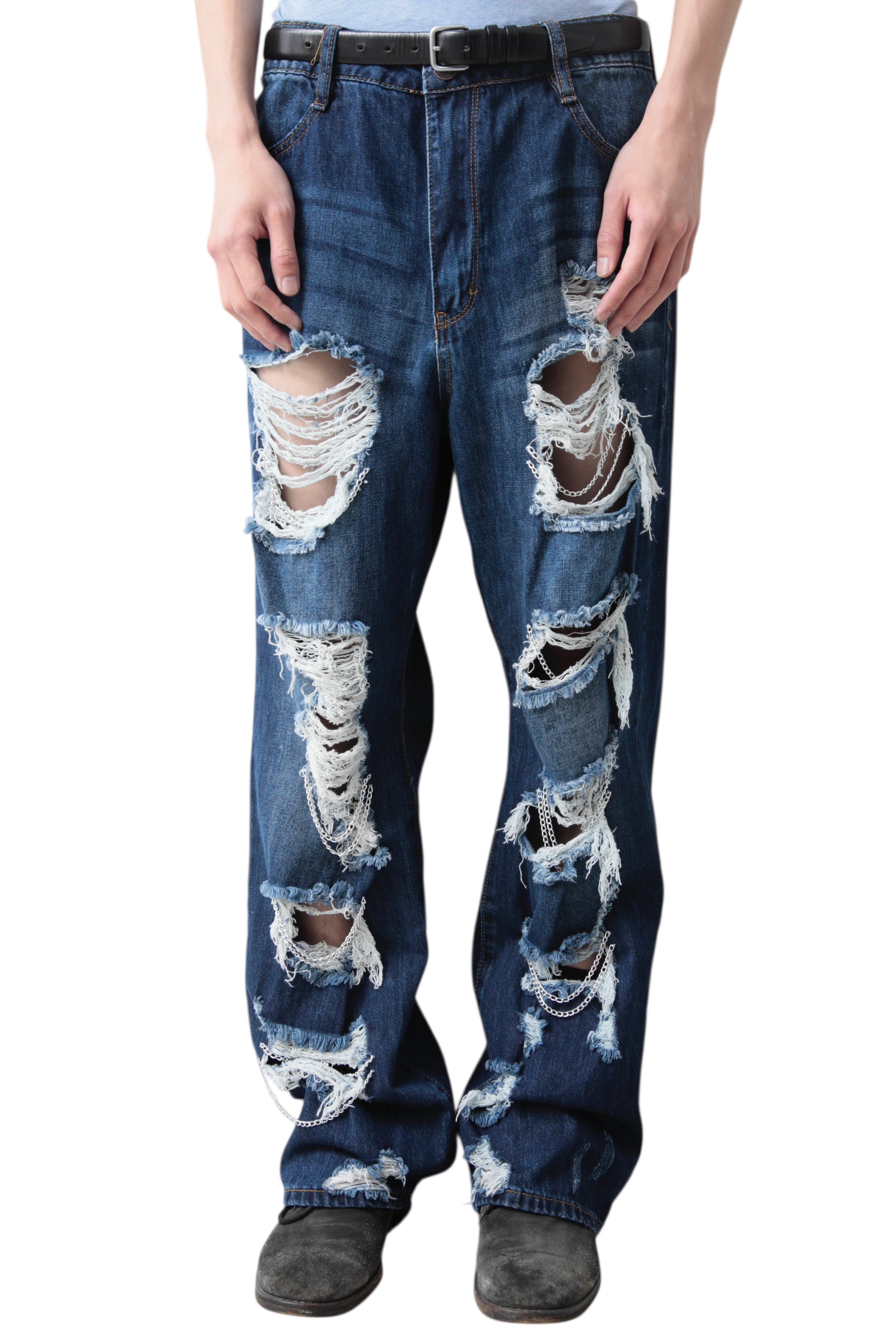 CHAIN CRUSHED BLUE WIDE DENIM PANTS