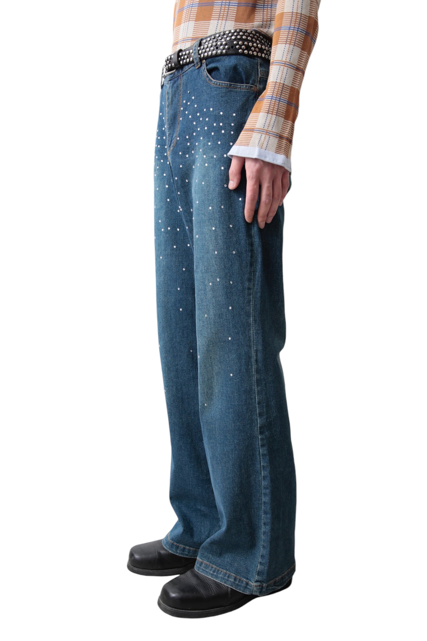 RHINESTONE FLARE DENIM PANTS