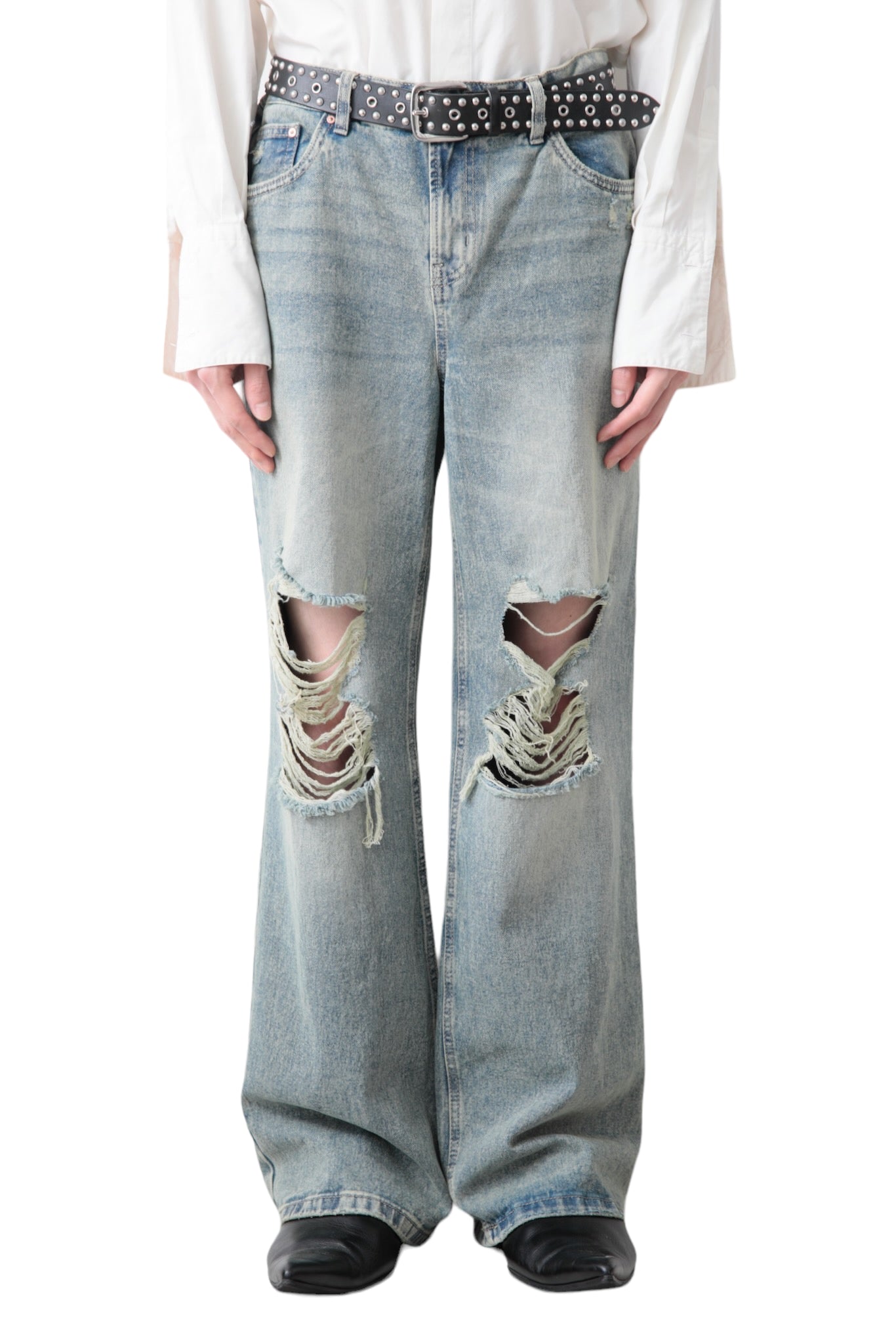 FADE BLUE CRUSHED BAGGY DENIM PANTS