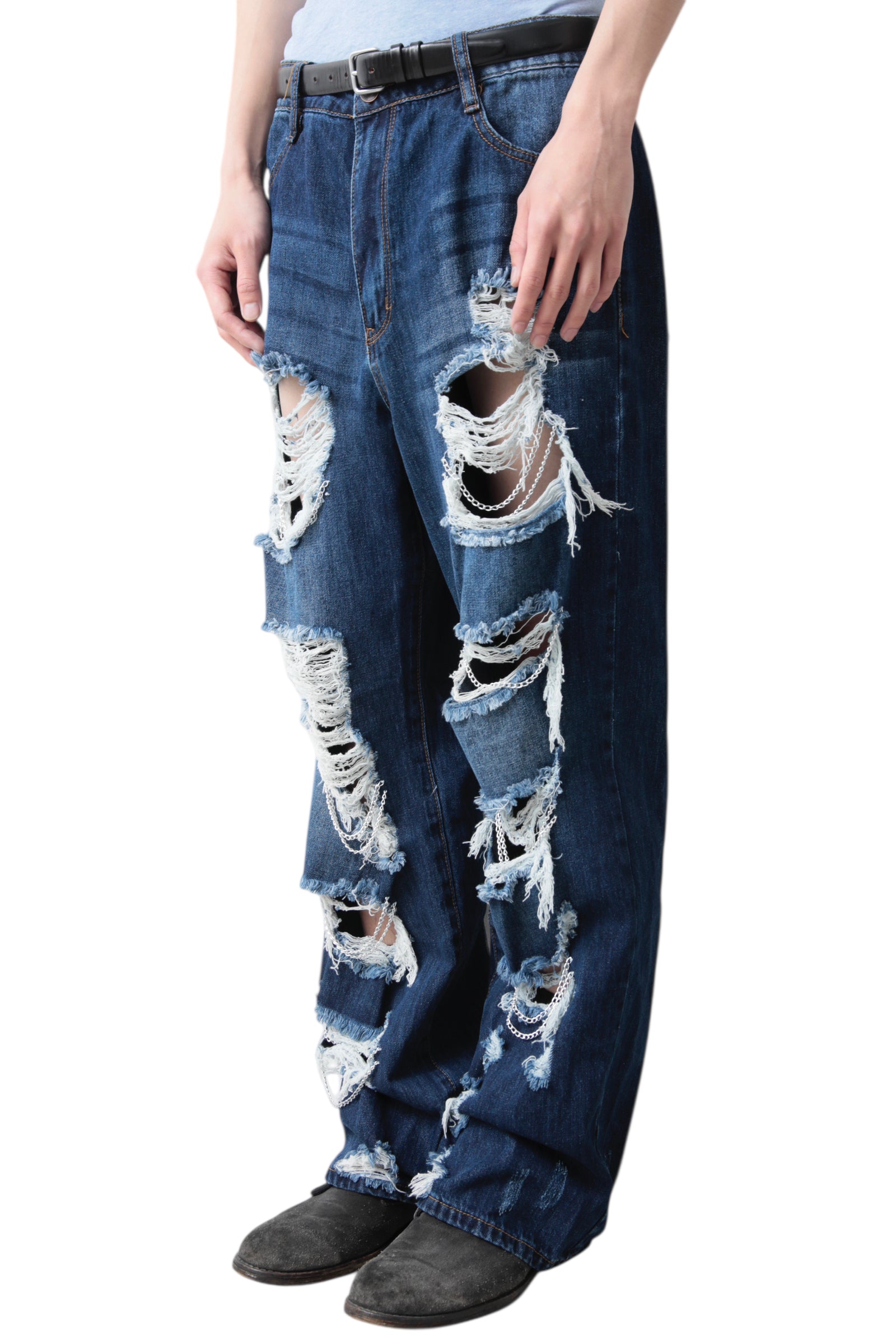 CHAIN CRUSHED BLUE WIDE DENIM PANTS