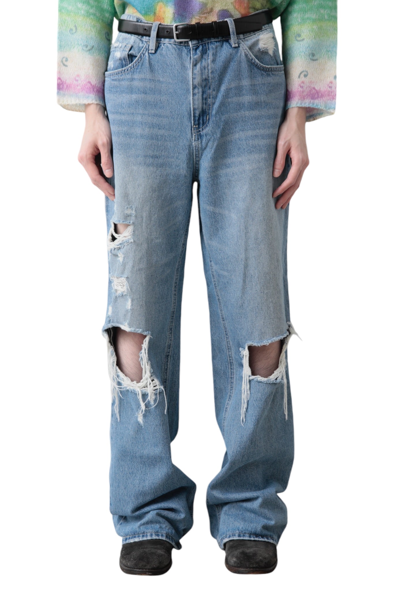 CRASHED BLUE BAGGY DENIM PANTS