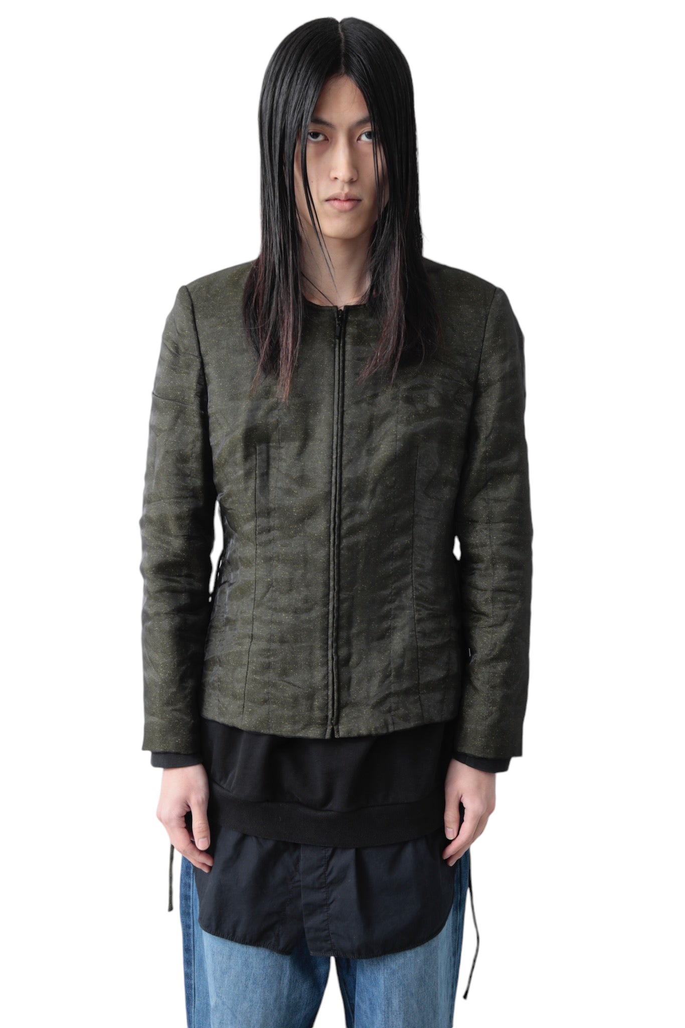 SEE-THROUGH LAYERED ZIP UP NO COLLAR JACKET