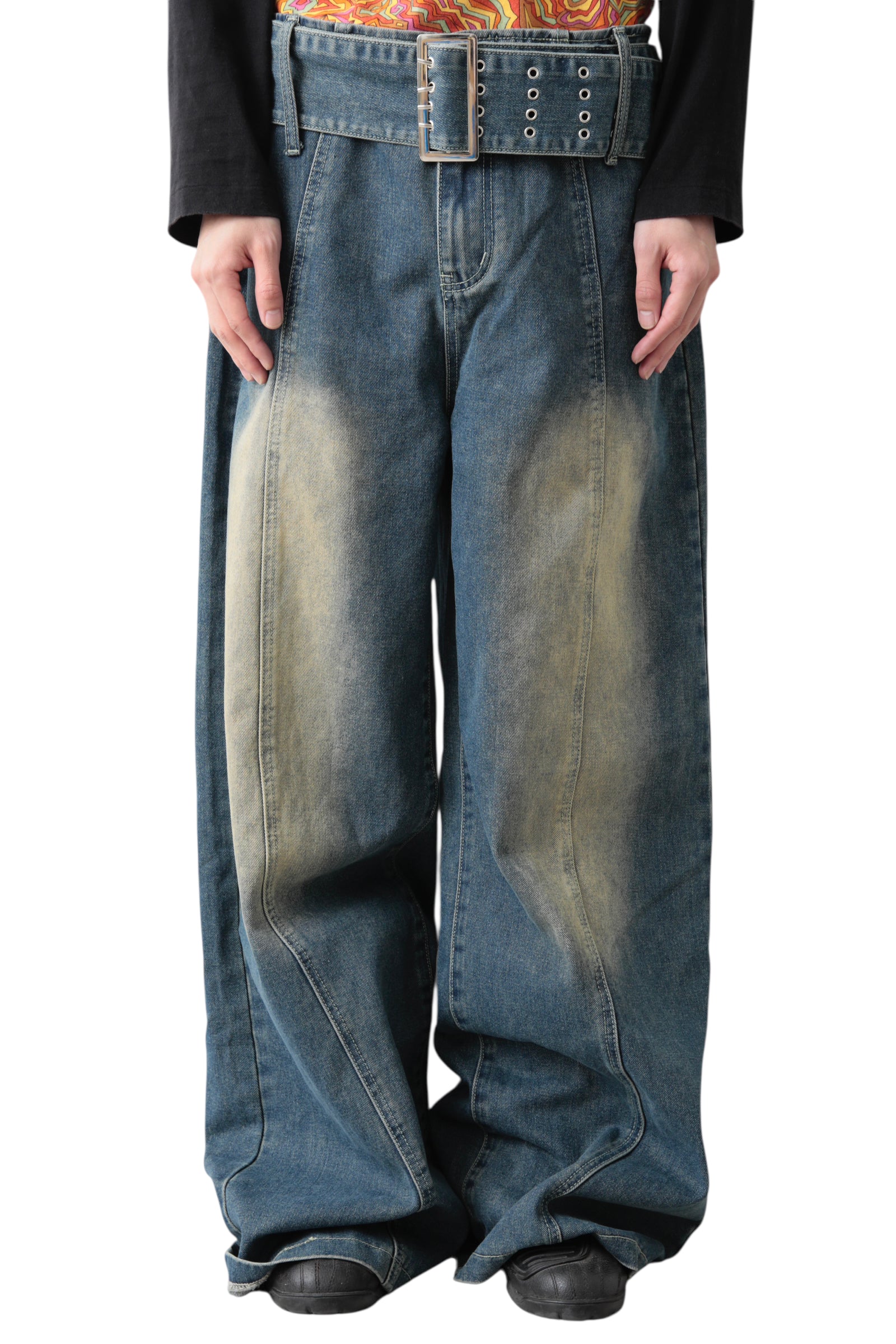 BELTED DIRTY BAGGY DENIM PANTS